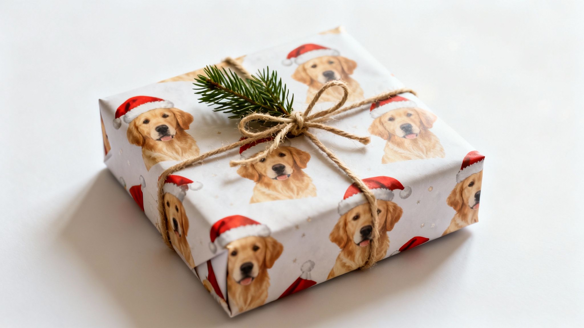 A holiday gift wrapped in white paper featuring Golden Retrievers in Santa hats, tied with twine and a pine branch.