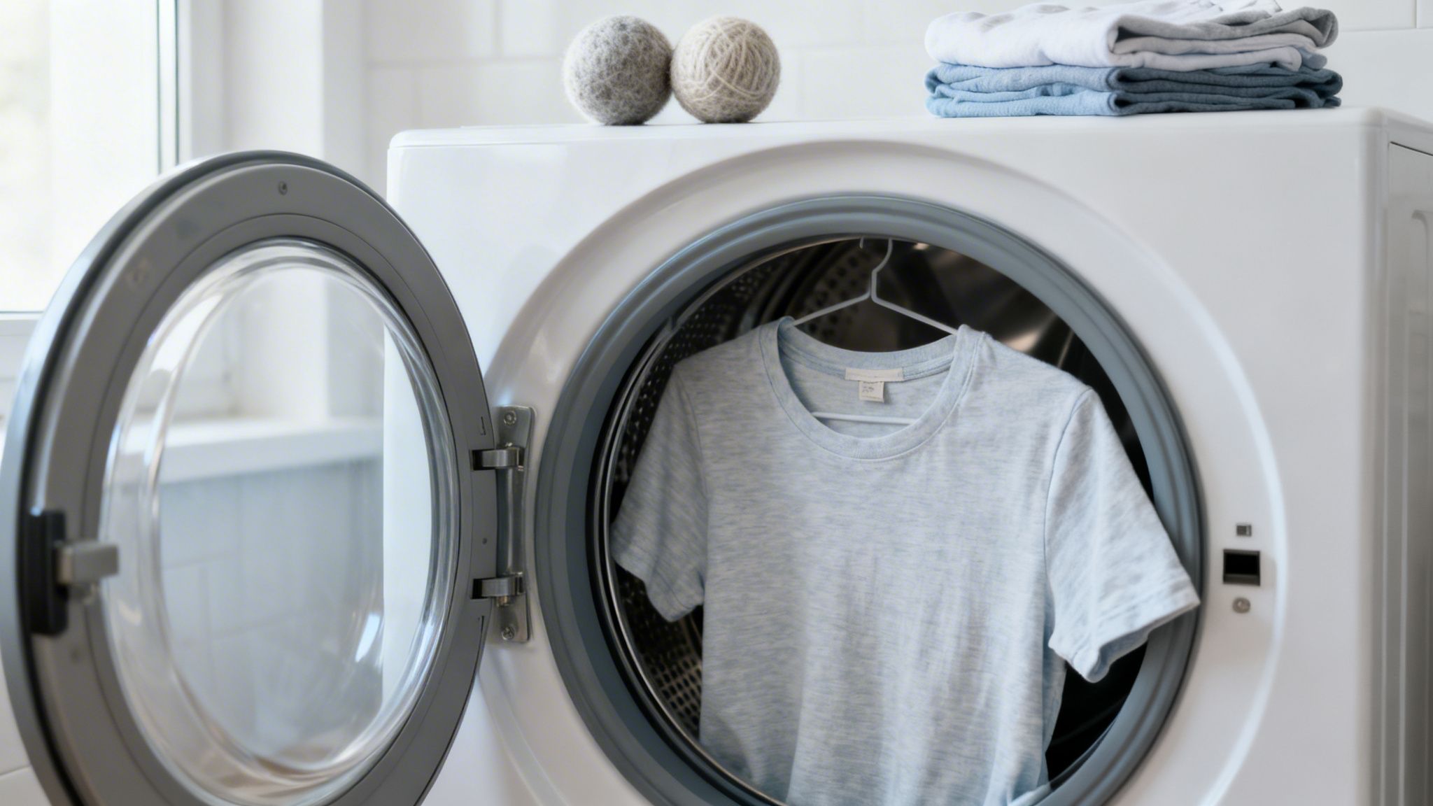 Light blue t-shirt hanging inside an open washing machine with dryer balls and folded laundry.