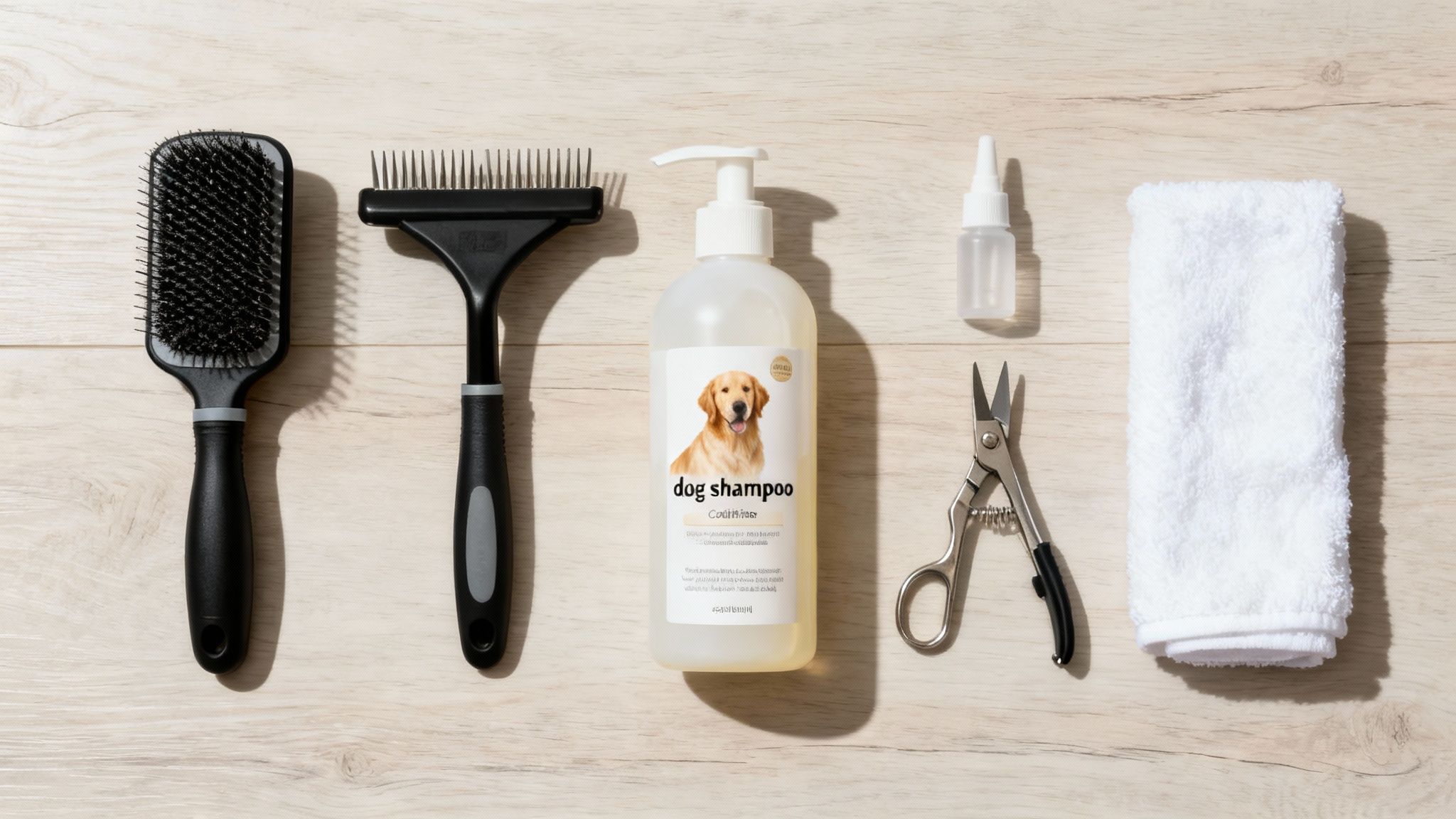 Essential pet grooming tools including dog shampoo, brush, comb, clippers, and towel on wood.