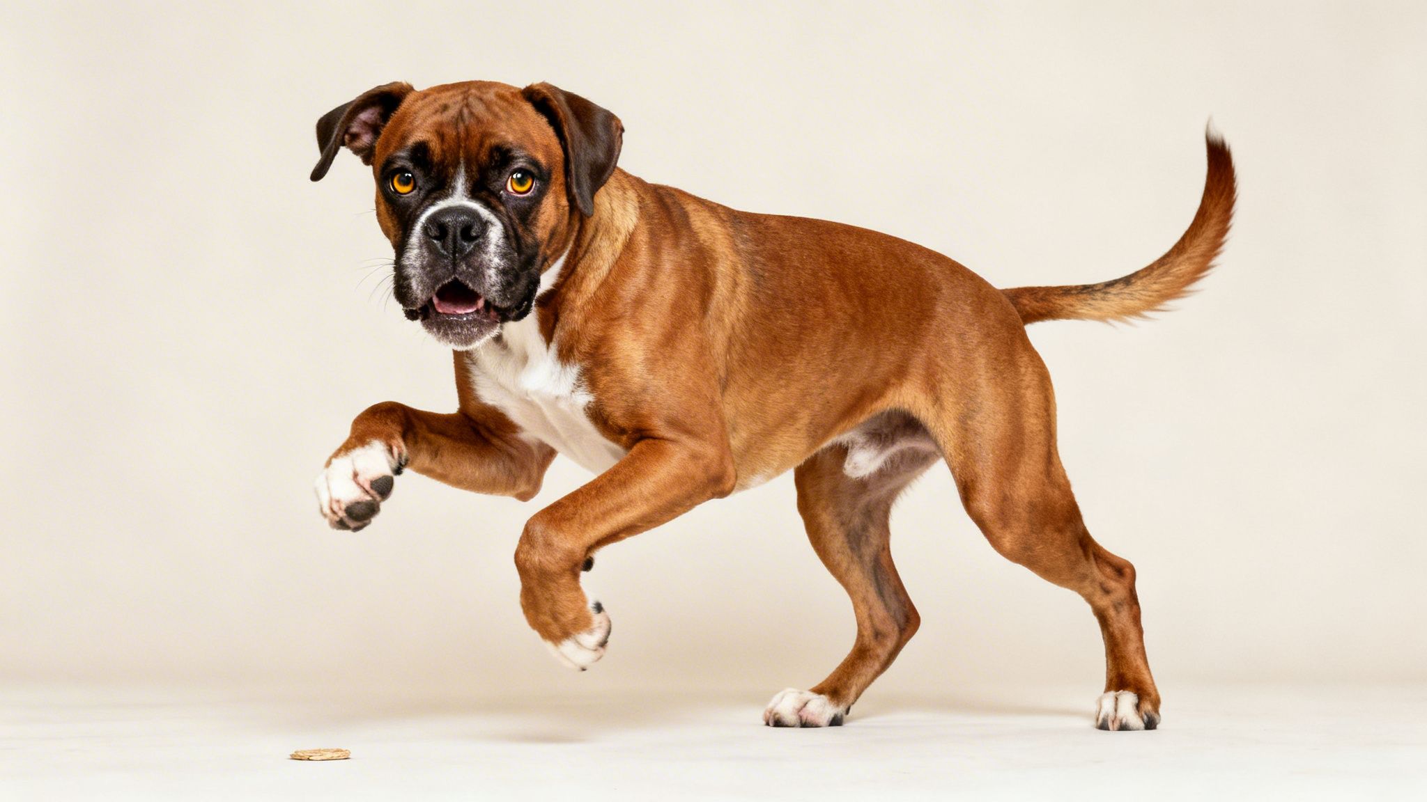A curious brown and white boxer dog with its paw raised, looking intently at a treat on the floor.