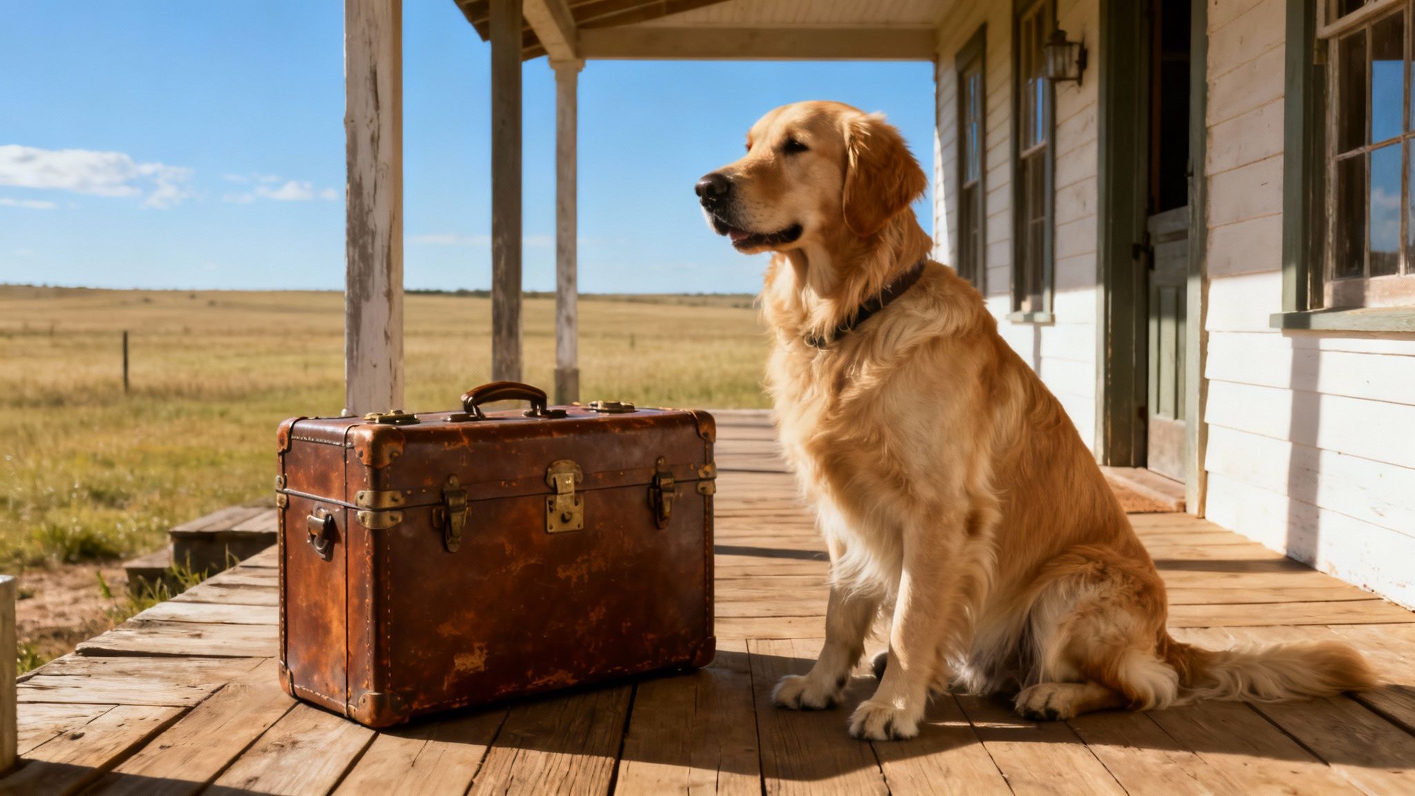 A golden retriever dog on a wooden porch sits beside a vintage suitcase, gazing at a rural landscape.