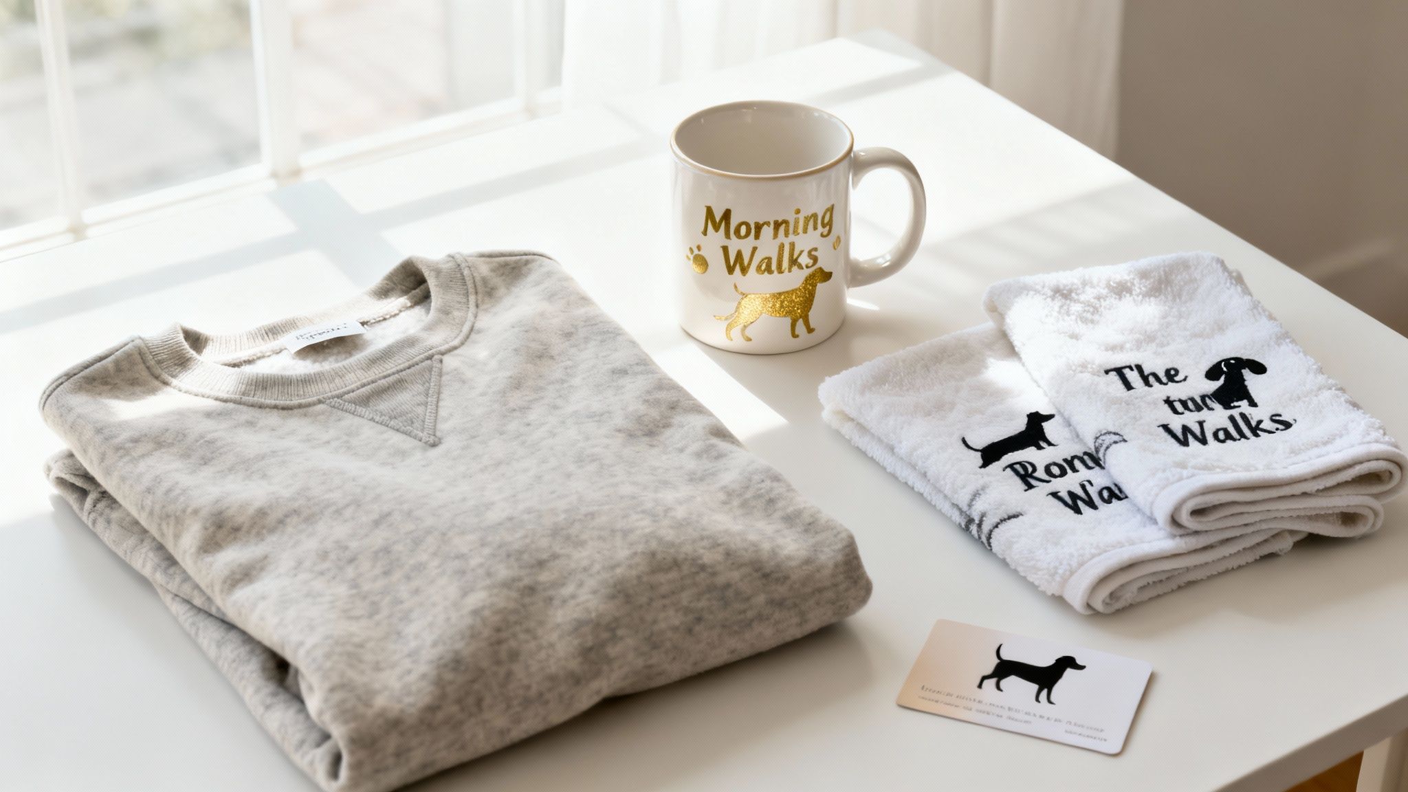 A collection of dog-themed items: a grey sweatshirt, a mug, towels, and a business card on a white table.