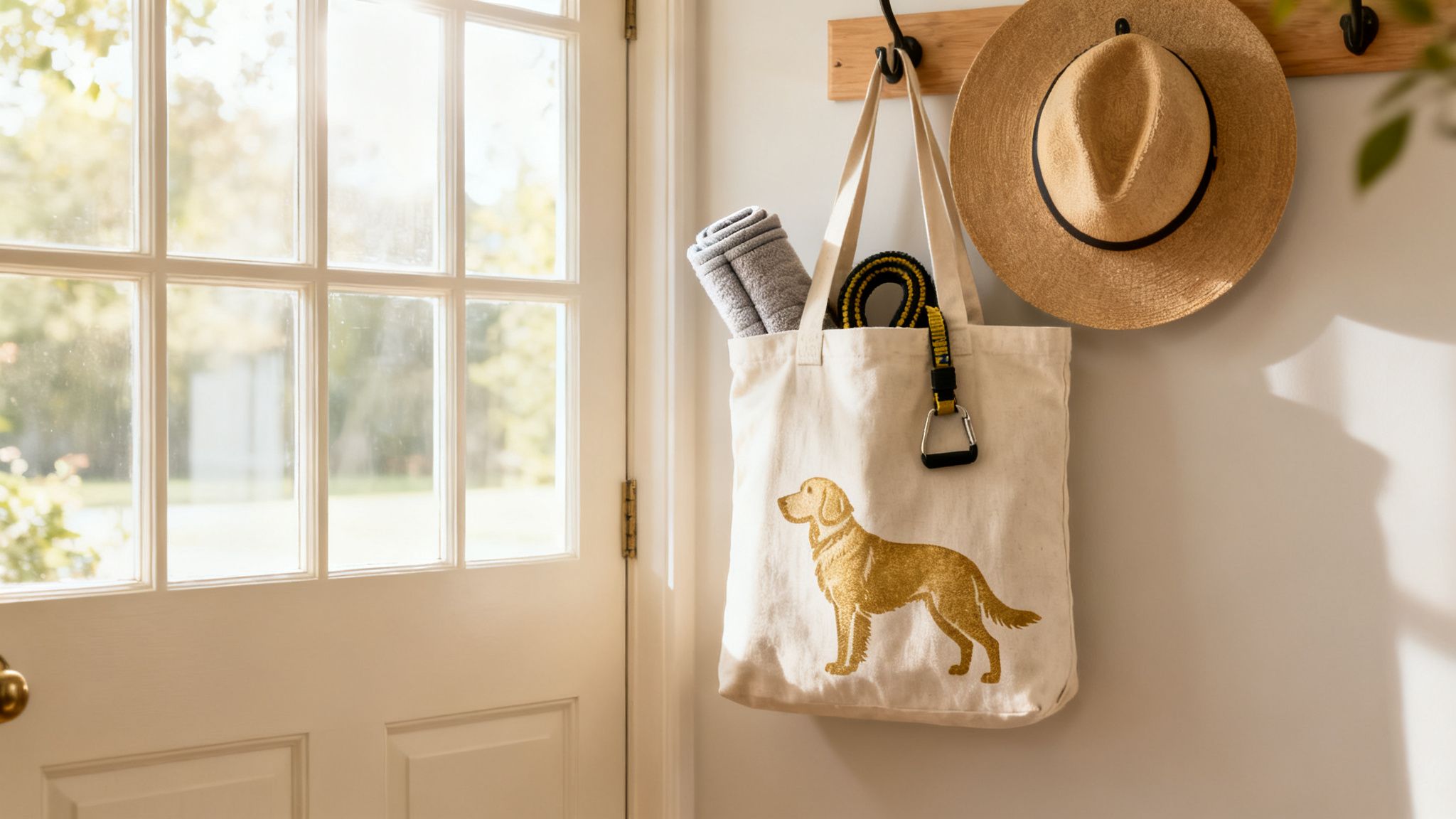 A canvas tote bag with a golden retriever design hangs on a wall next to a sunlit door.