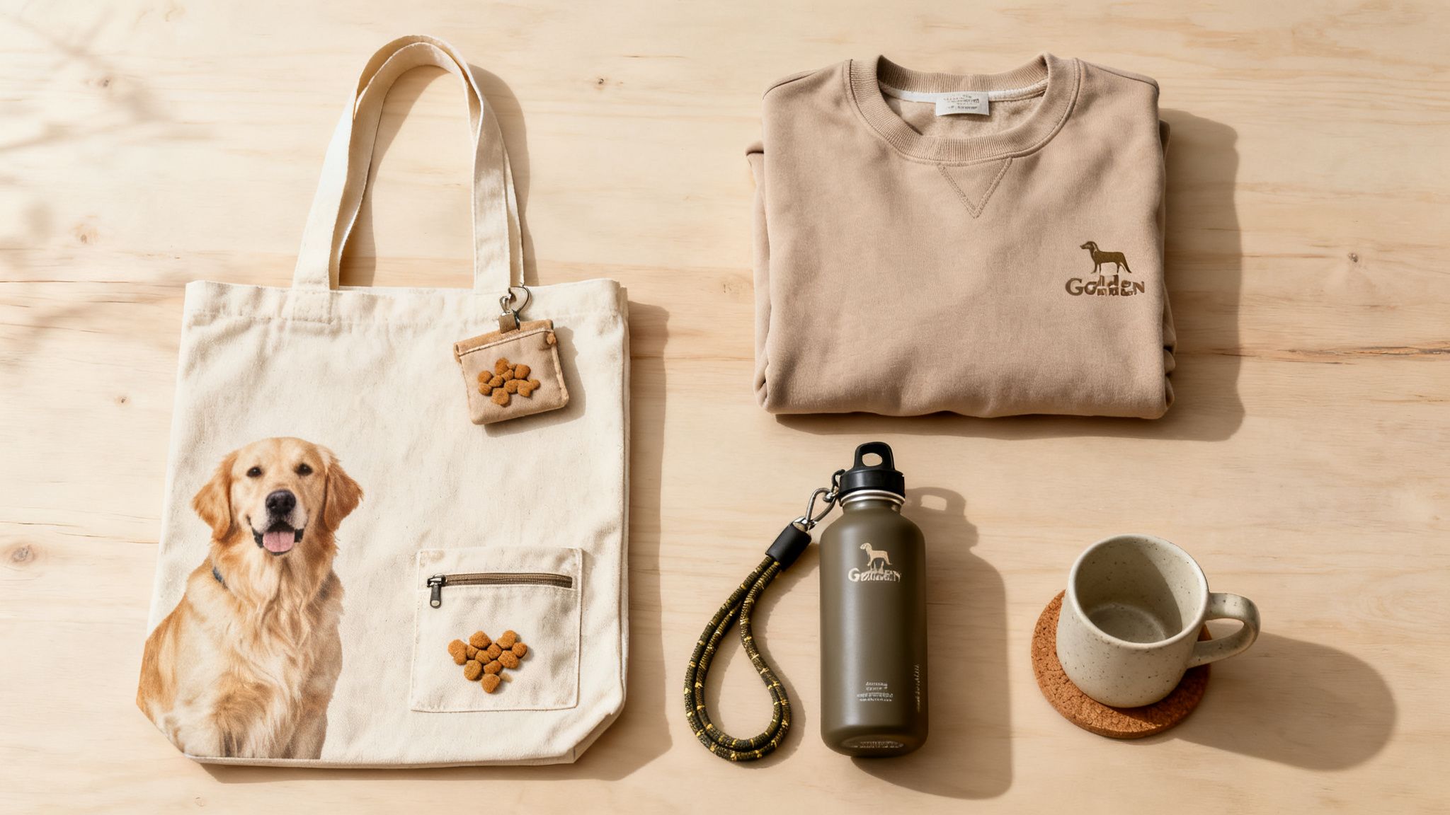 A flat lay of golden retriever themed gifts, including a tote bag, sweatshirt, water bottle, and mug.