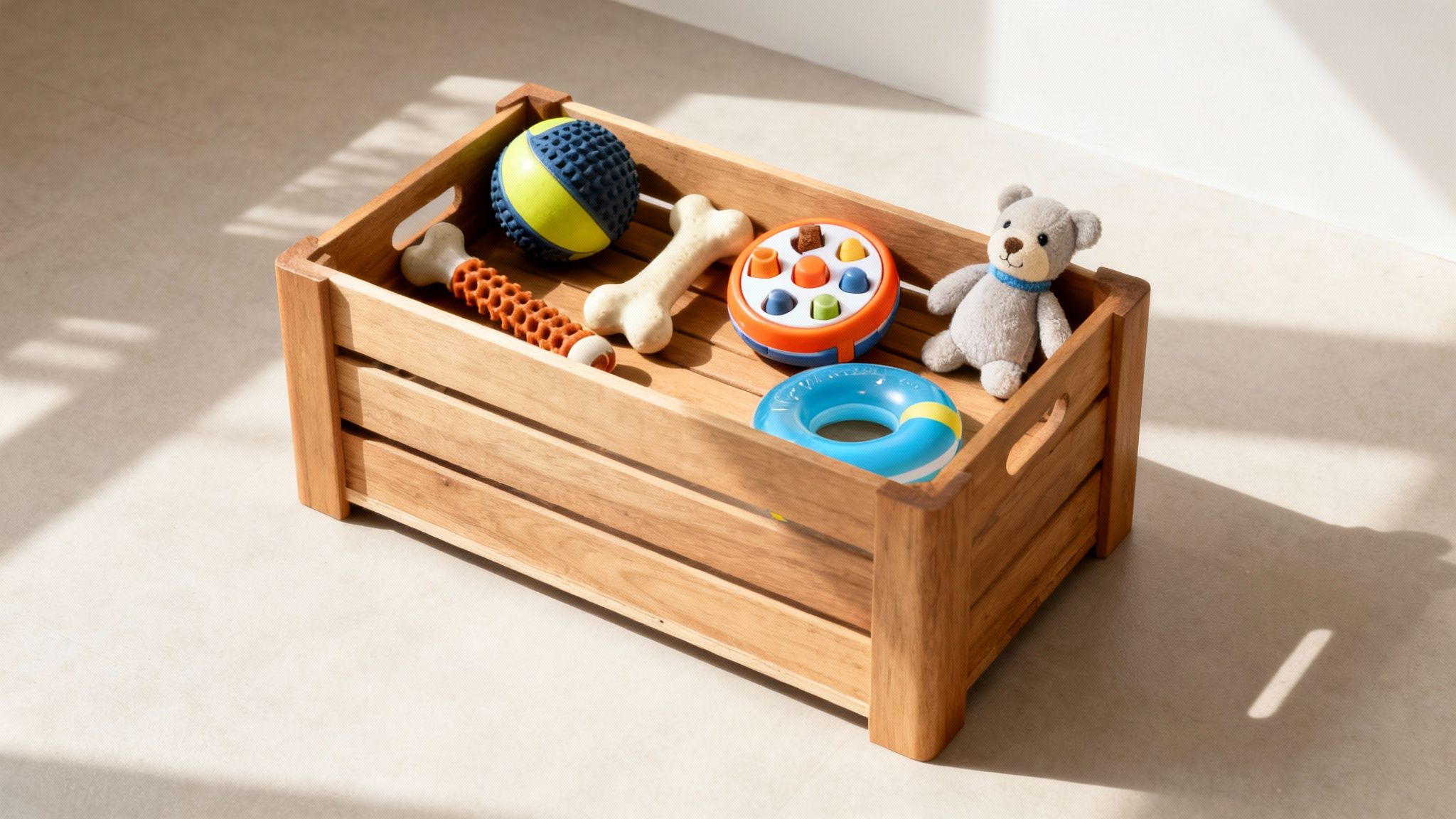 A wooden crate filled with a variety of colorful dog toys, including balls, bones, and a puzzle feeder.