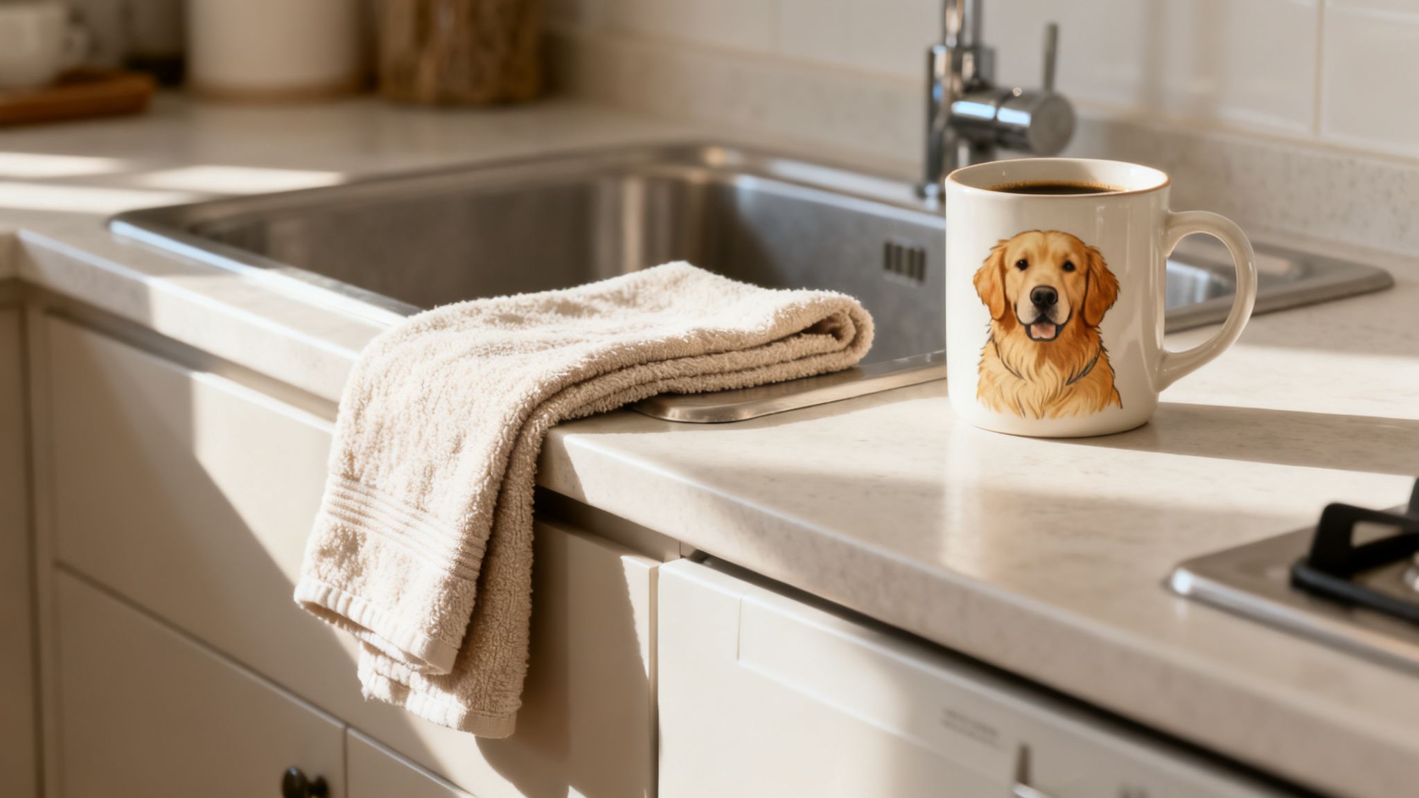 A white mug with a Golden Retriever illustration on a kitchen counter next to a sink and towel.