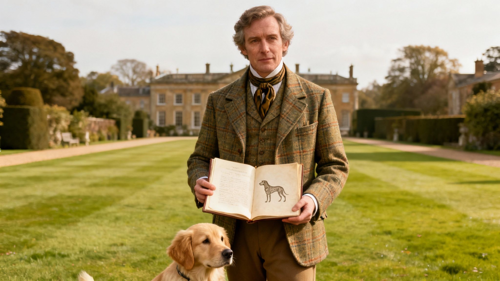 A distinguished man in a tweed suit holds a dog book beside a golden retriever in a stately garden.