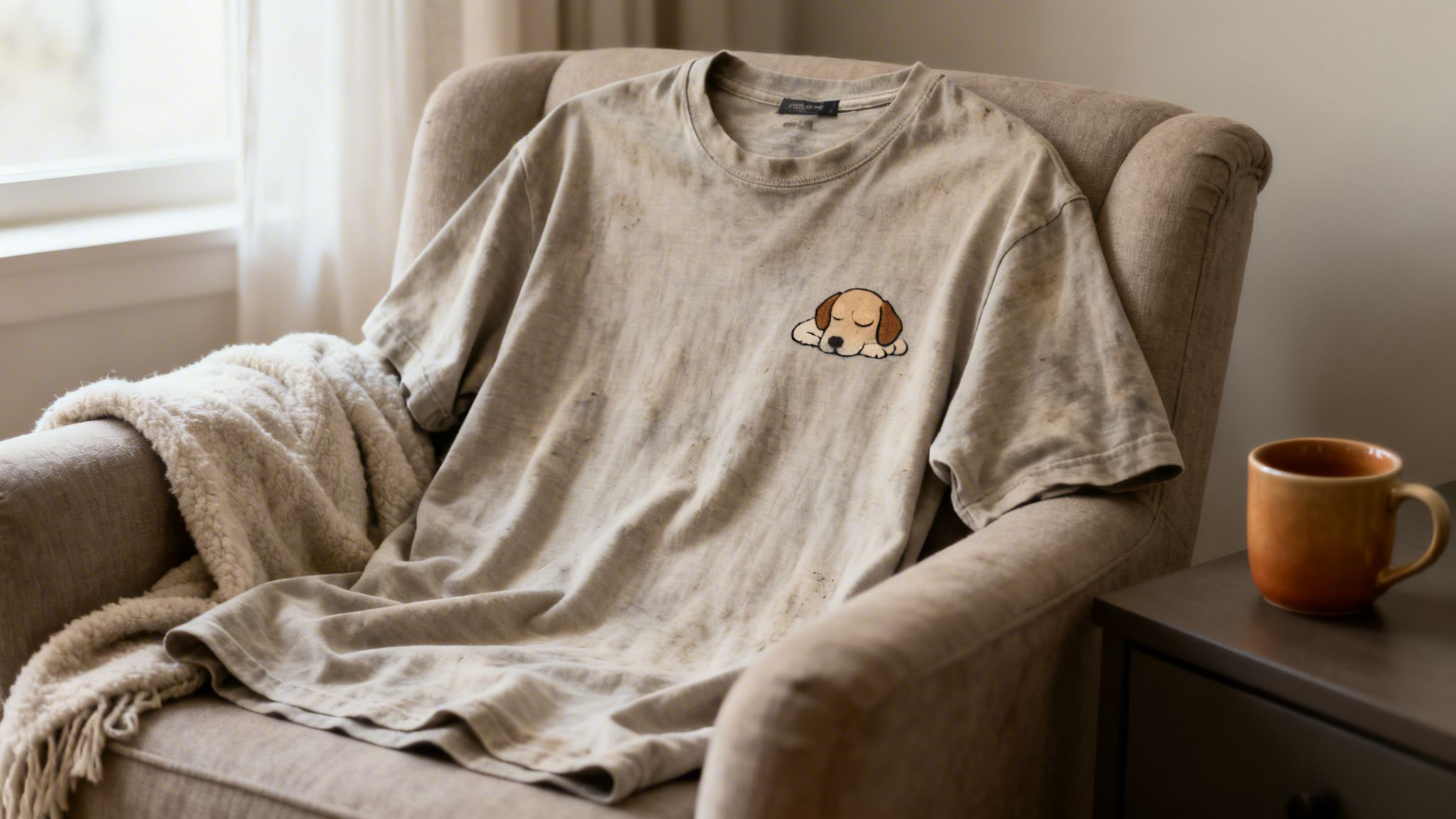 A soft beige t-shirt with a sleeping puppy design resting on a cozy armchair with a blanket.