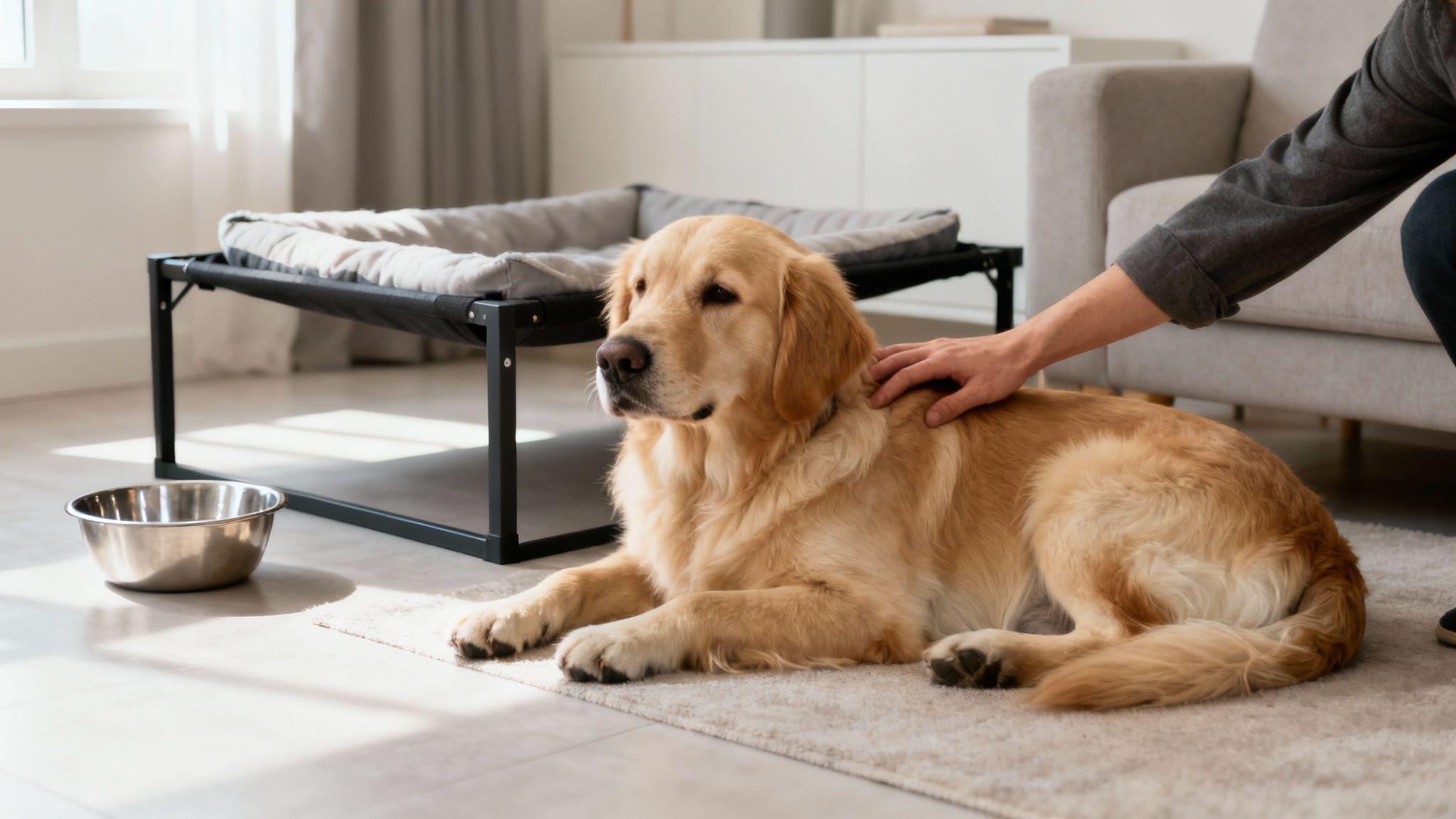 A person gently pets a happy Golden Retriever dog lying on a rug indoors beside its bed.