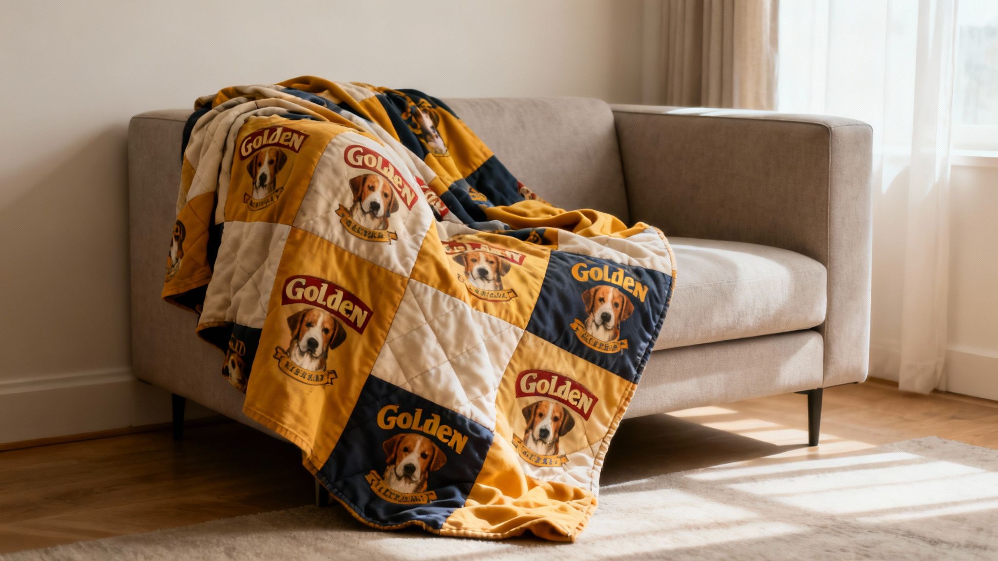 A colorful patchwork quilt featuring dog faces and 'Golden' text draped over a beige sofa in a sunlit room.