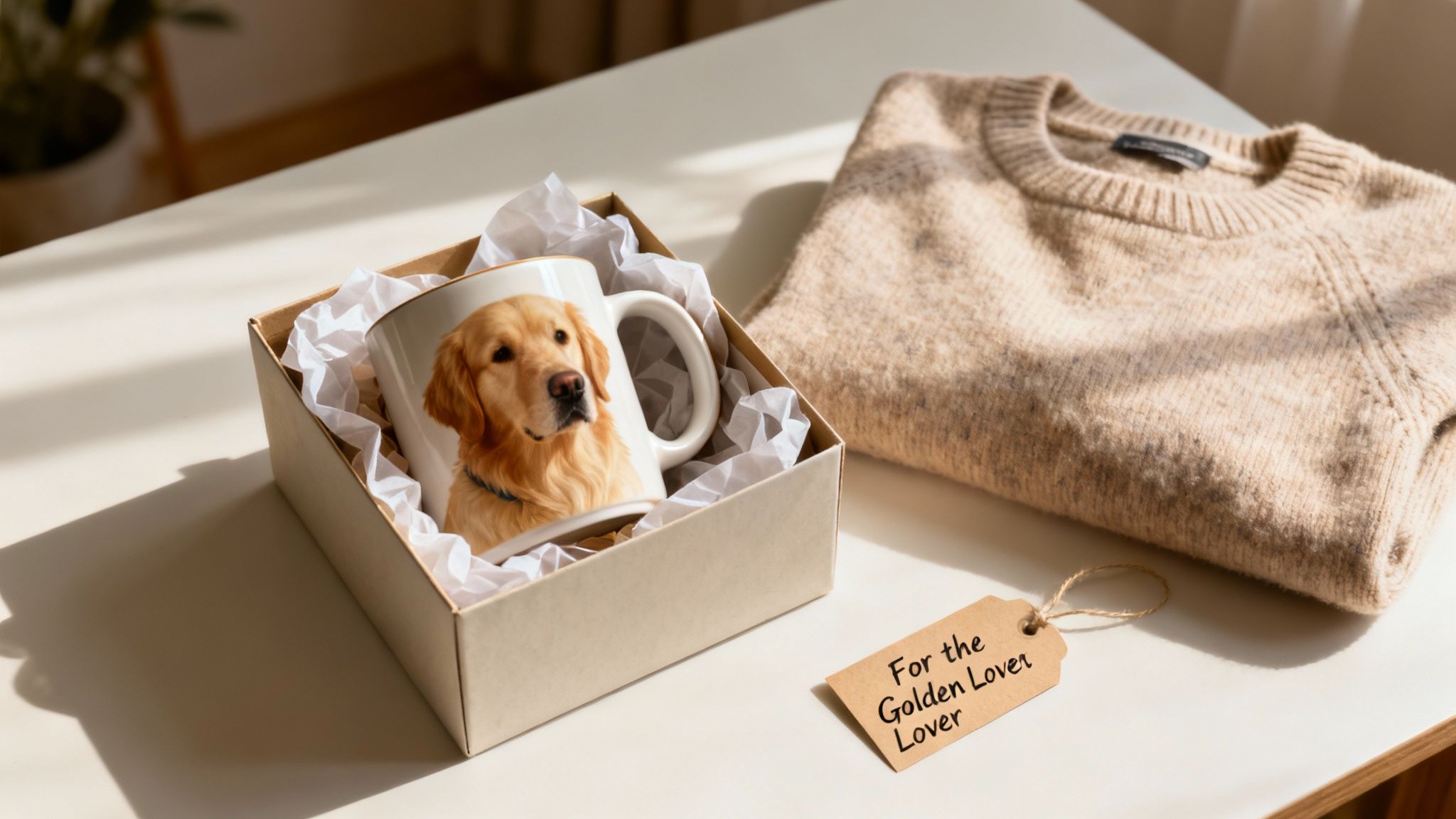 A gift box containing a mug with a Golden Retriever, a beige sweater, and a gift tag.