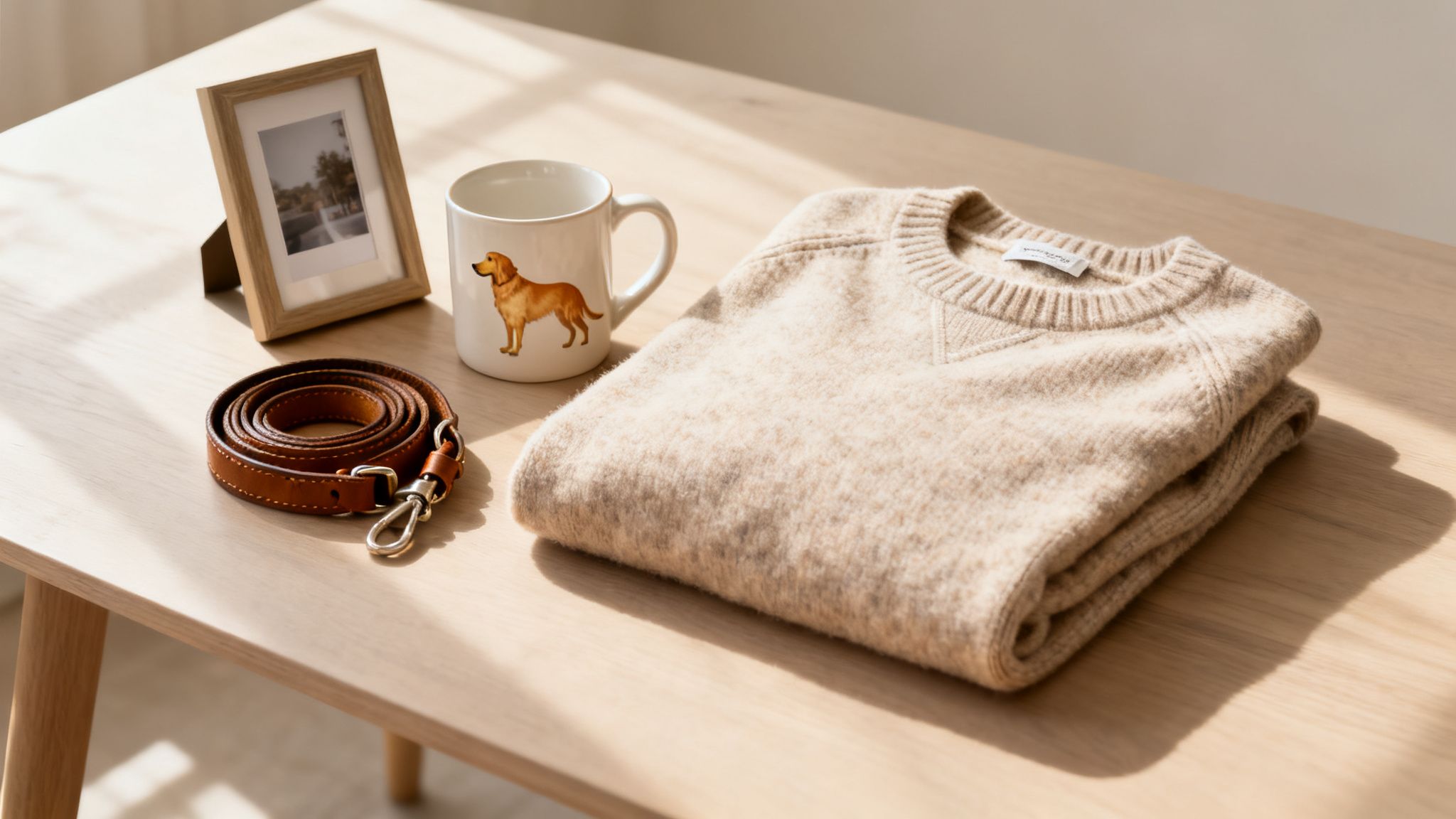 Warm sweater, Golden Retriever mug, coiled leather leash, and framed photo on a light wood table.