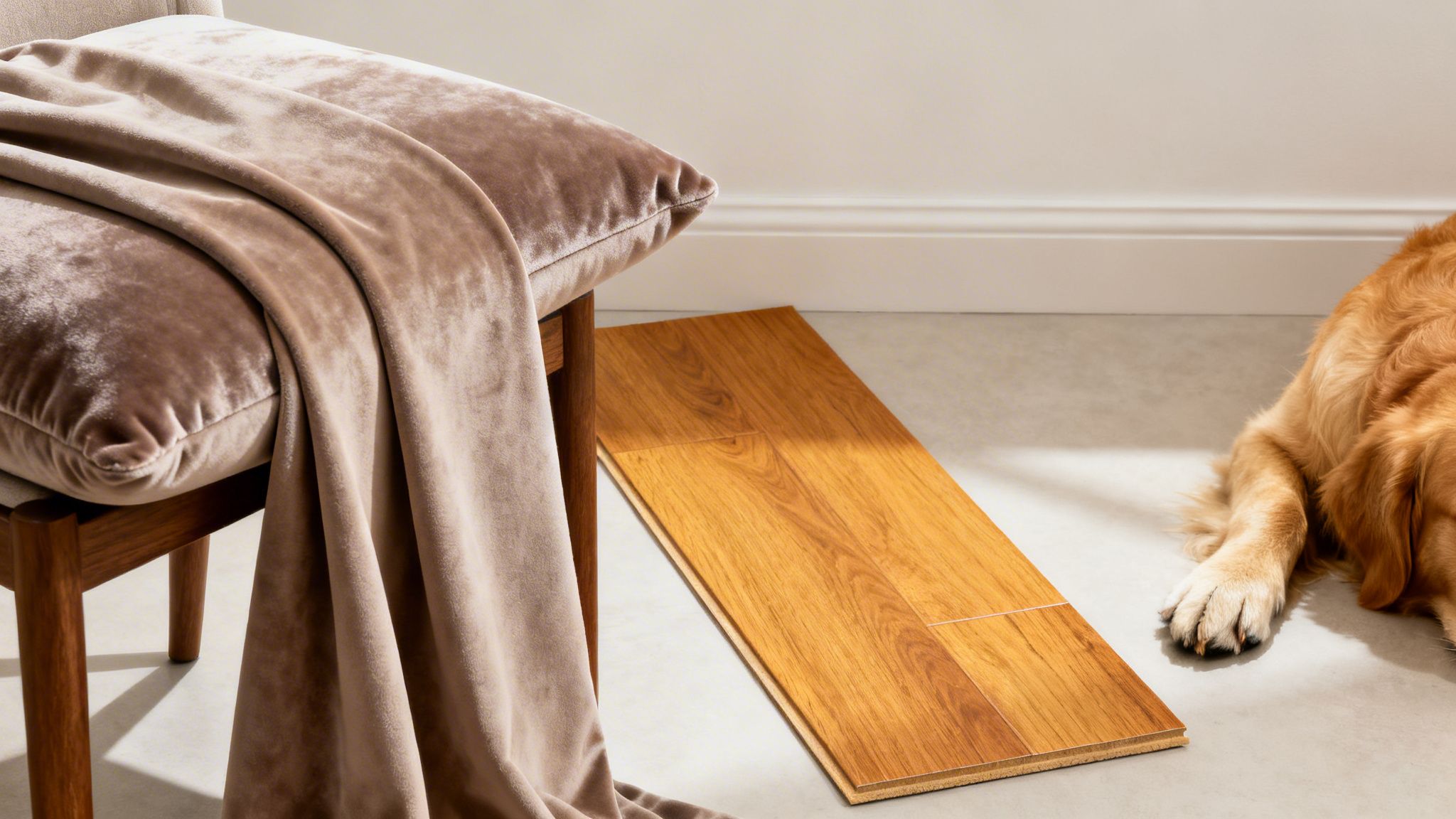 A golden retriever rests on a light floor near a velvet chair and wood flooring samples.