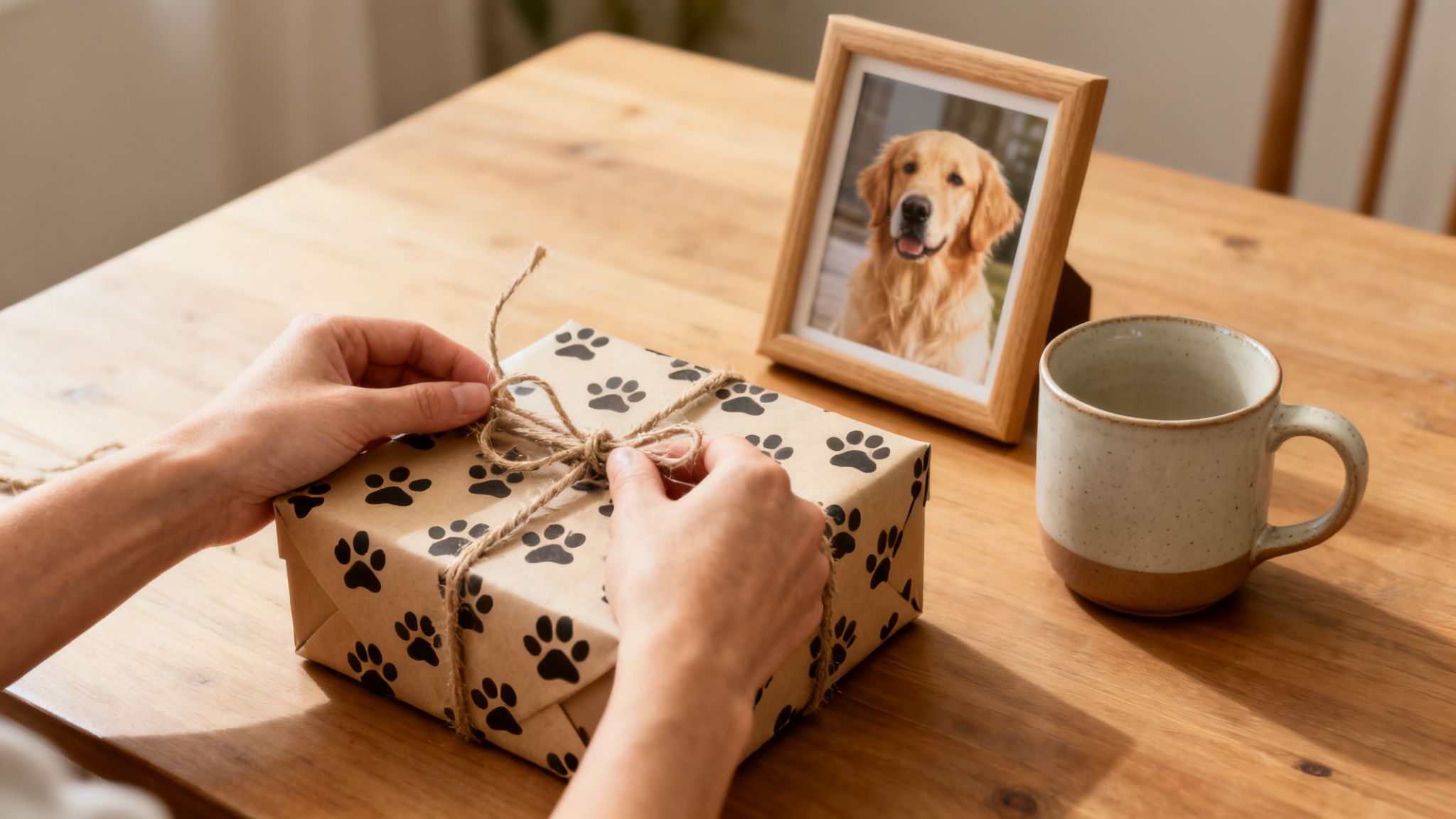 Hands tying a twine bow on a gift box wrapped in paw print paper, with a golden retriever photo frame and mug.