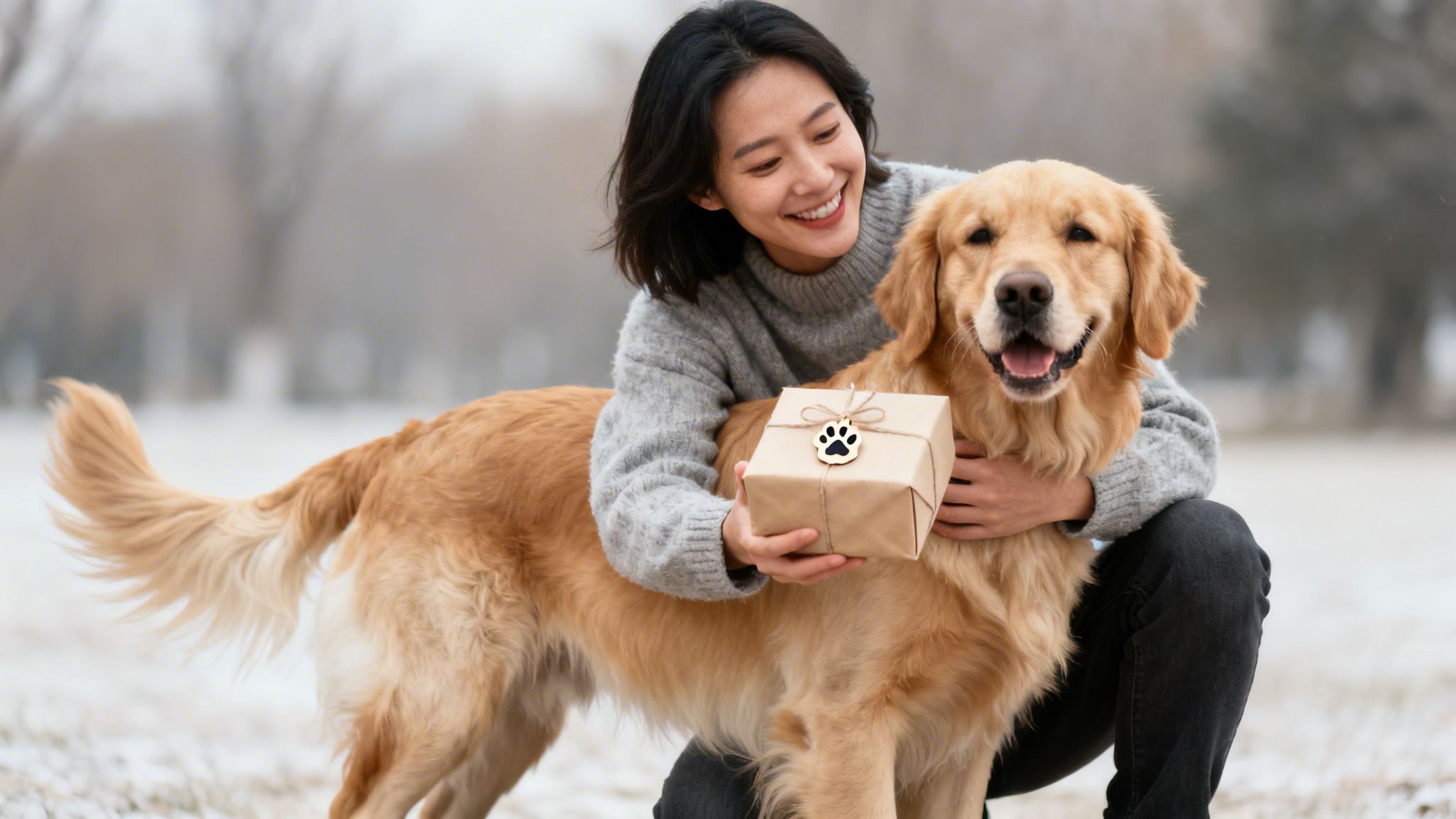 A smiling woman kneels with a happy golden retriever, holding a gift with a paw print tag in a snowy setting.