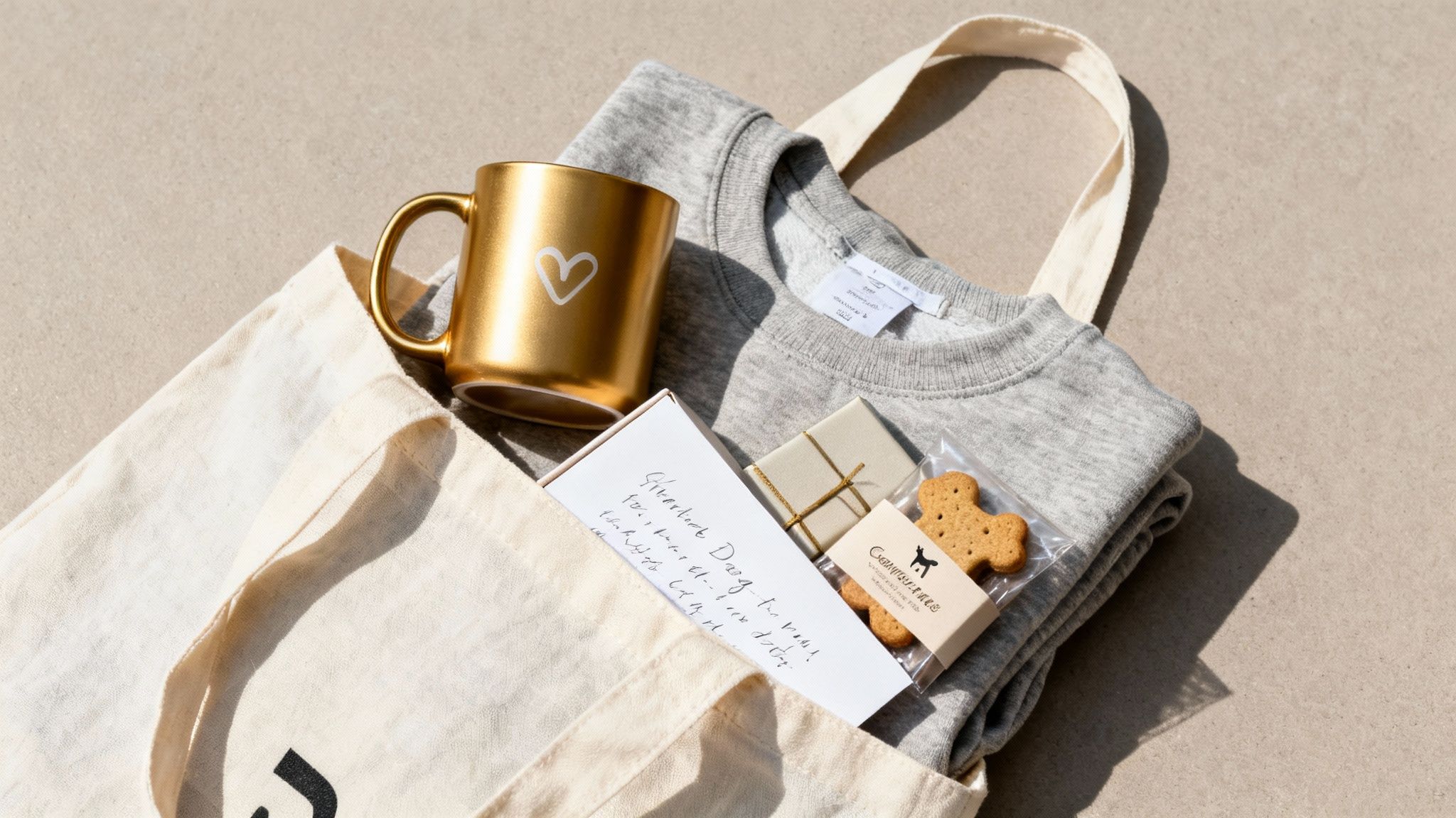 White tote bag filled with a gold heart mug, a grey sweatshirt, a card, a wrapped gift, and a dog cookie.