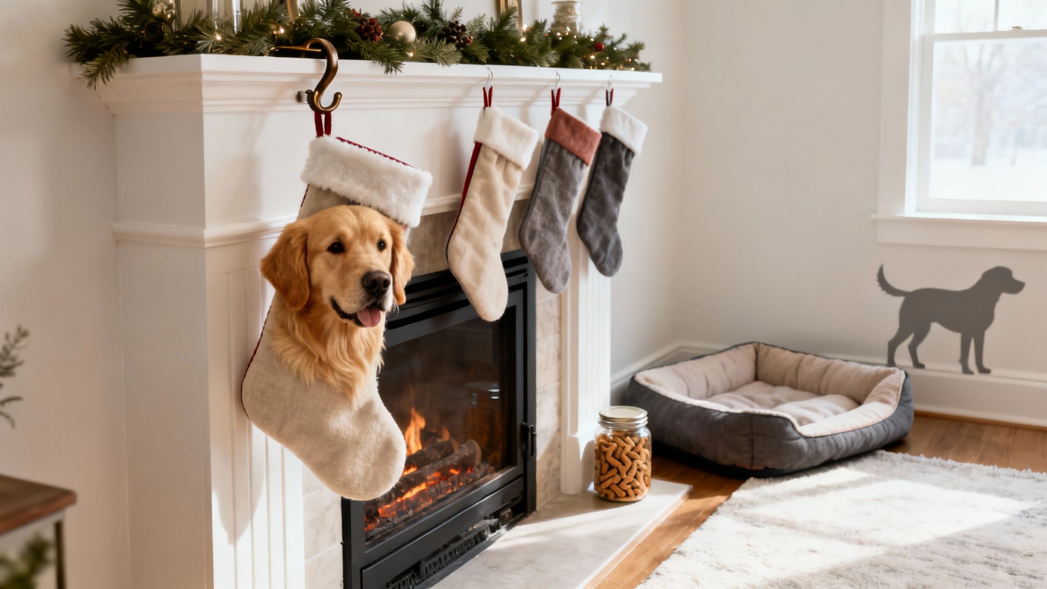 A golden retriever peeks out of a Christmas stocking hanging on a festive fireplace mantel.