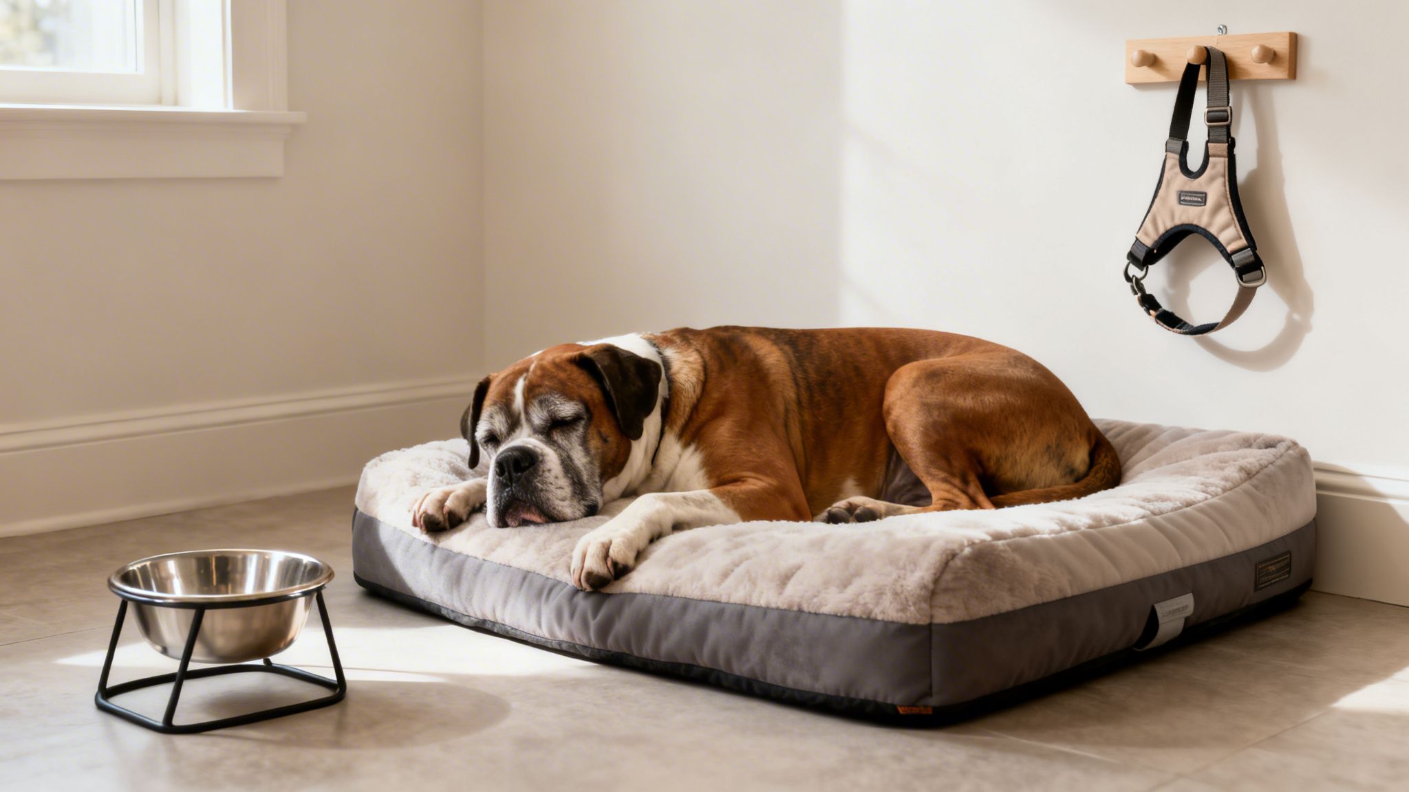 A peaceful boxer dog resting on a soft, gray bed next to a metal food bowl.