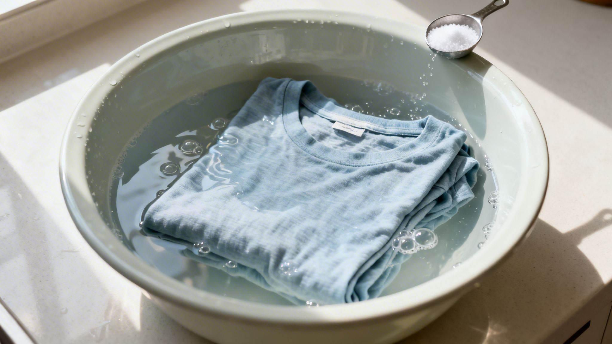 A light blue t-shirt soaking in a basin of water, with salt being poured from a spoon.