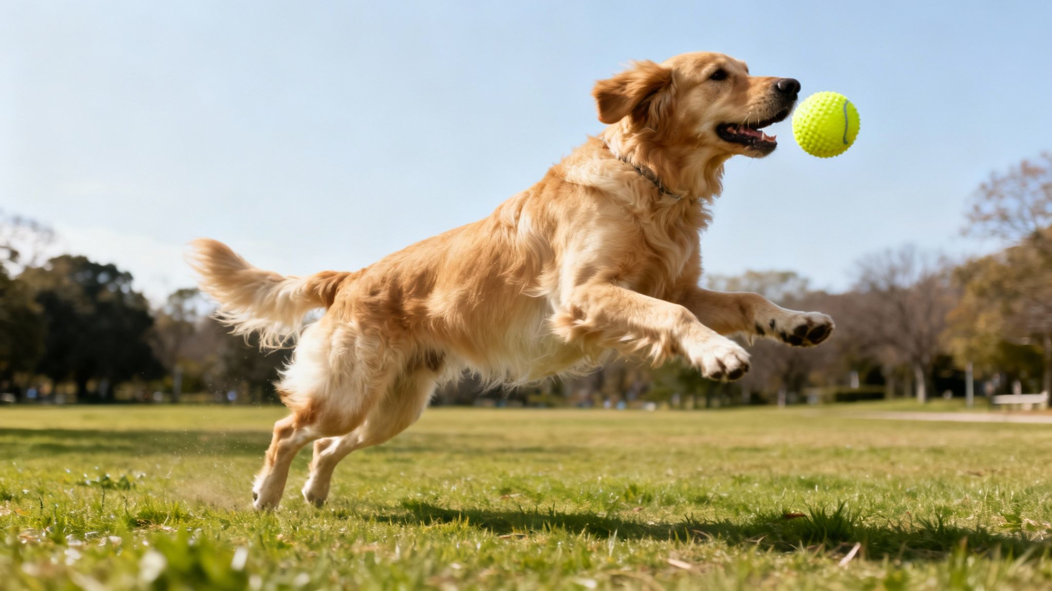 A joyful golden retriever dog leaps in a sunny park, catching a bright yellow tennis ball mid-air.