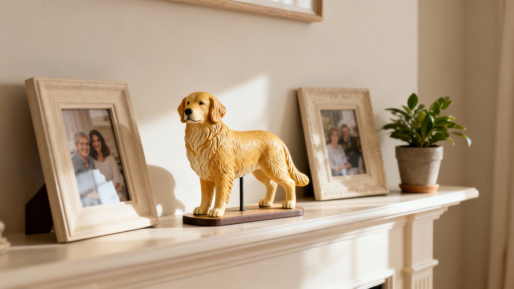 A golden retriever statue, framed photos, and a potted plant on a cozy mantelpiece.
