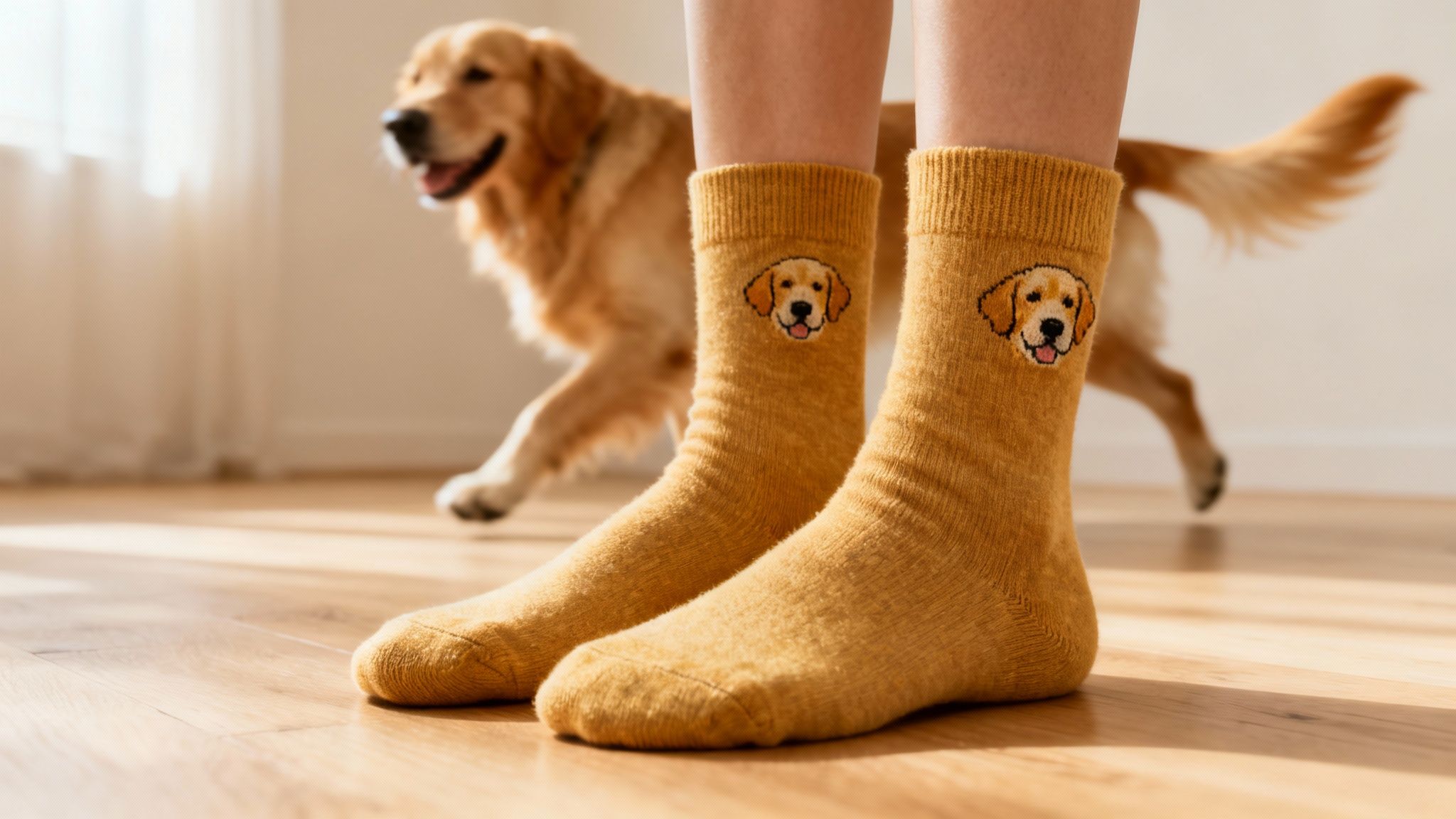 A person wears yellow socks with golden retriever faces on a wooden floor, with a golden retriever dog in the background.