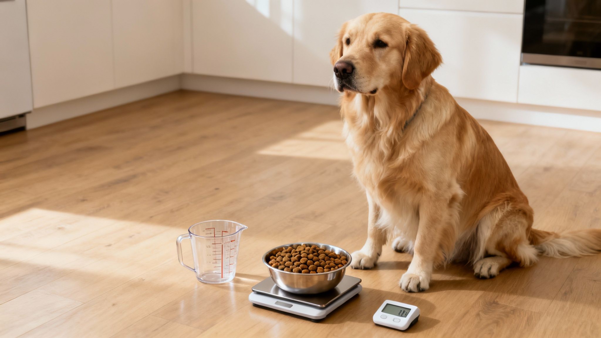 A Golden Retriever dog patiently waiting for a bowl of dry food being weighed on a scale.