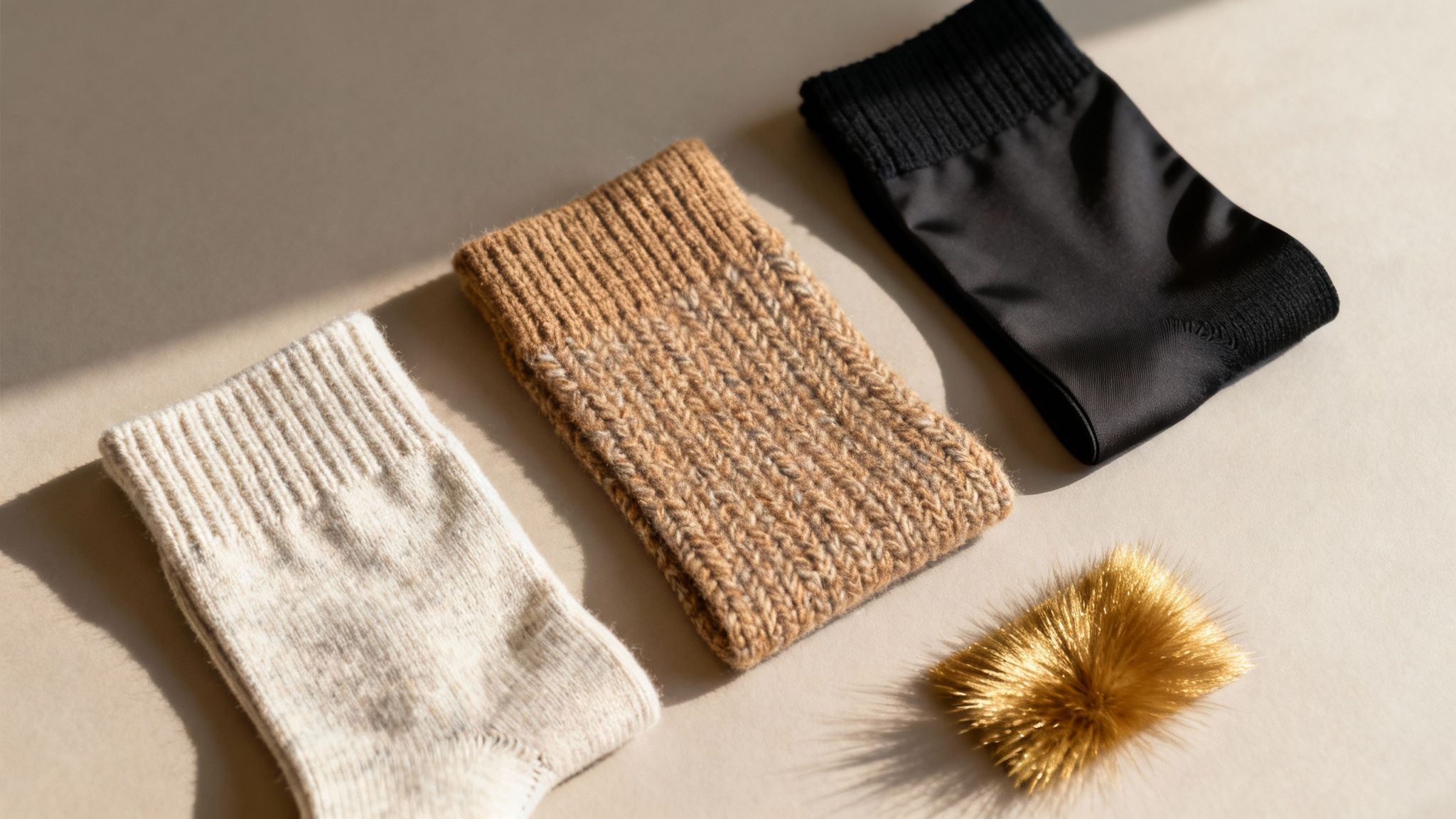 Three pairs of socks, white, brown knitted, and black silk, alongside a golden furry item.