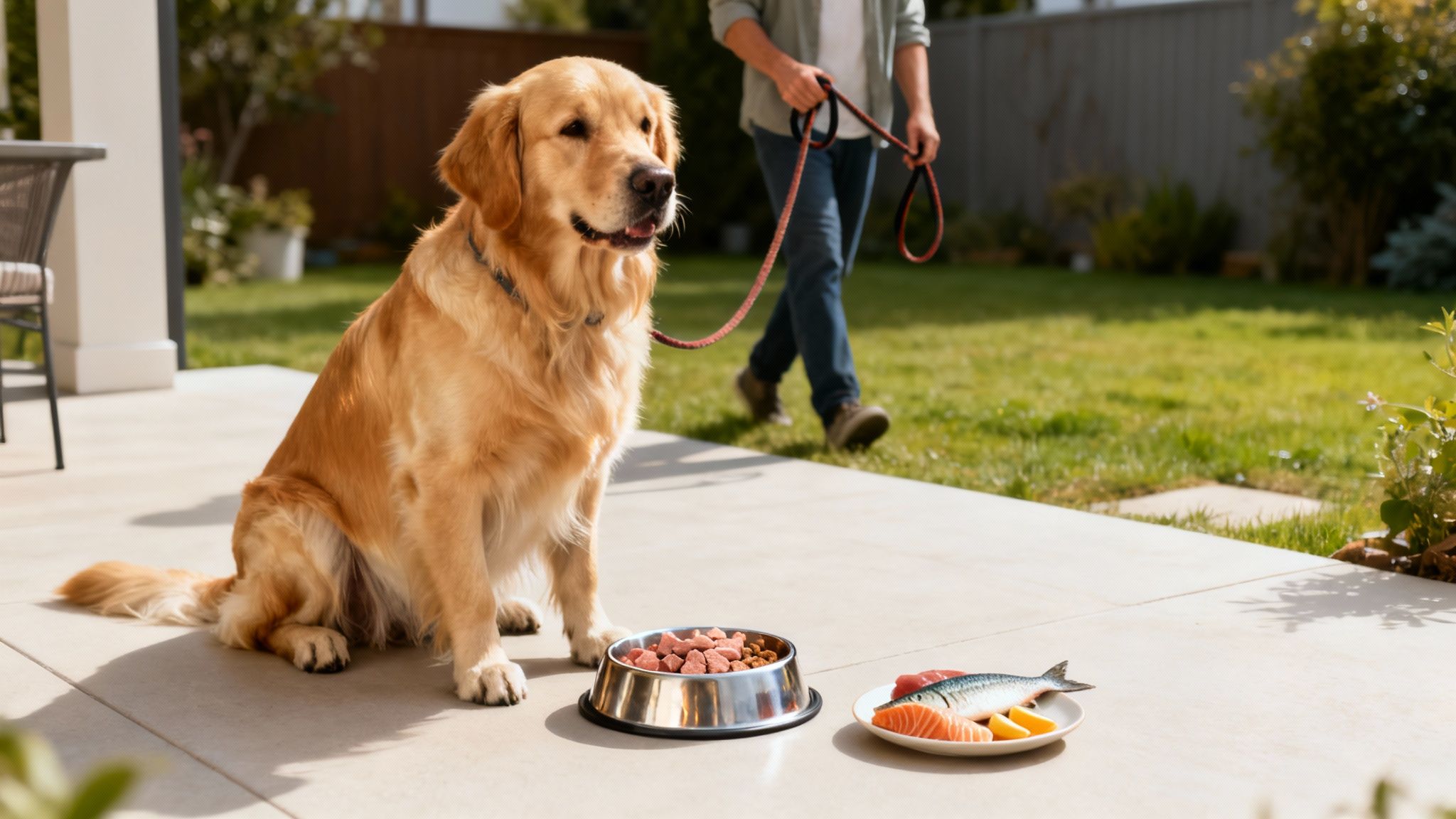 A Golden Retriever dog sits patiently next to its food bowl and a plate of fresh fish and lemon.