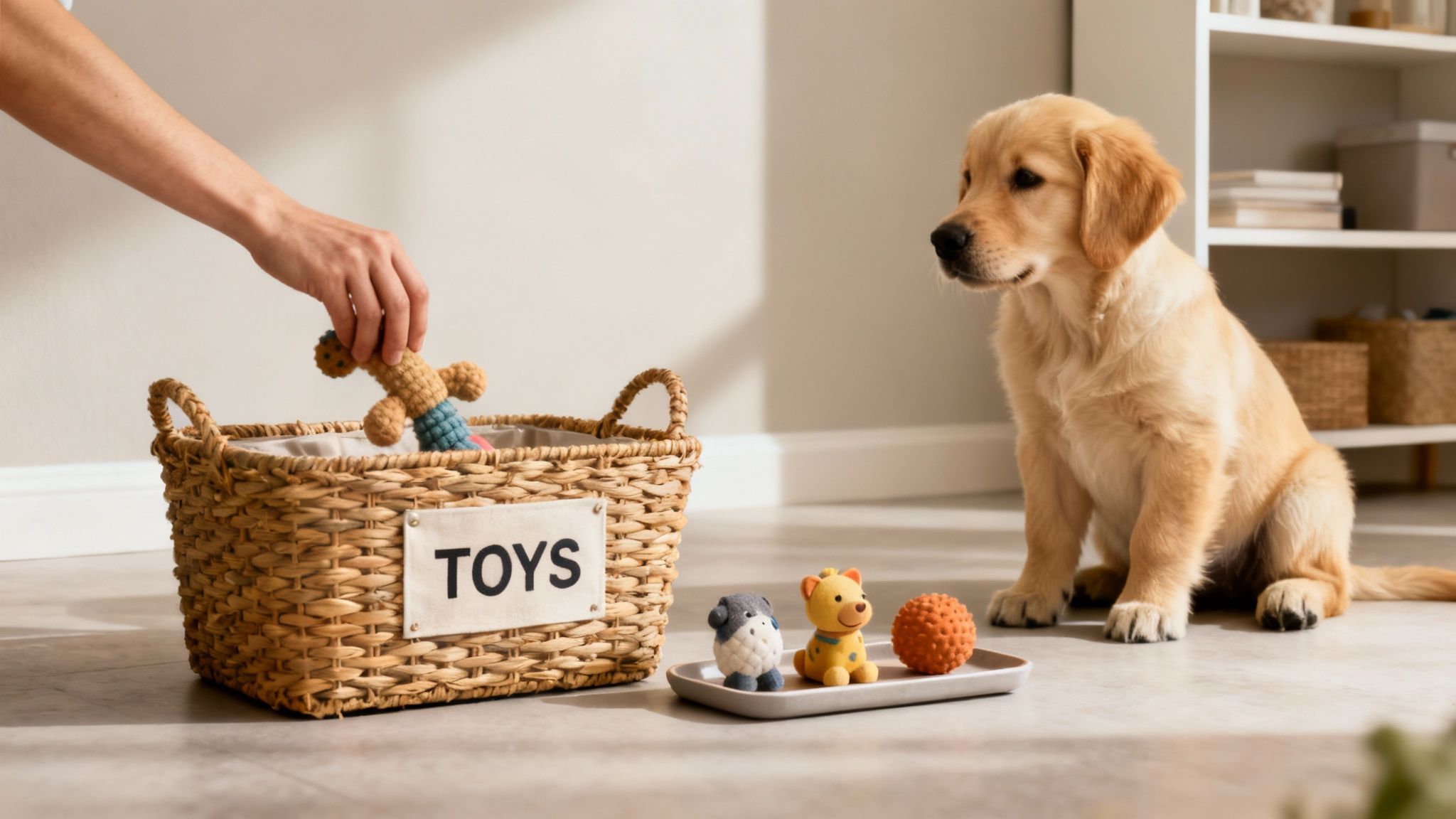A golden retriever puppy watches as a hand places a toy into a wicker "TOYS" basket.