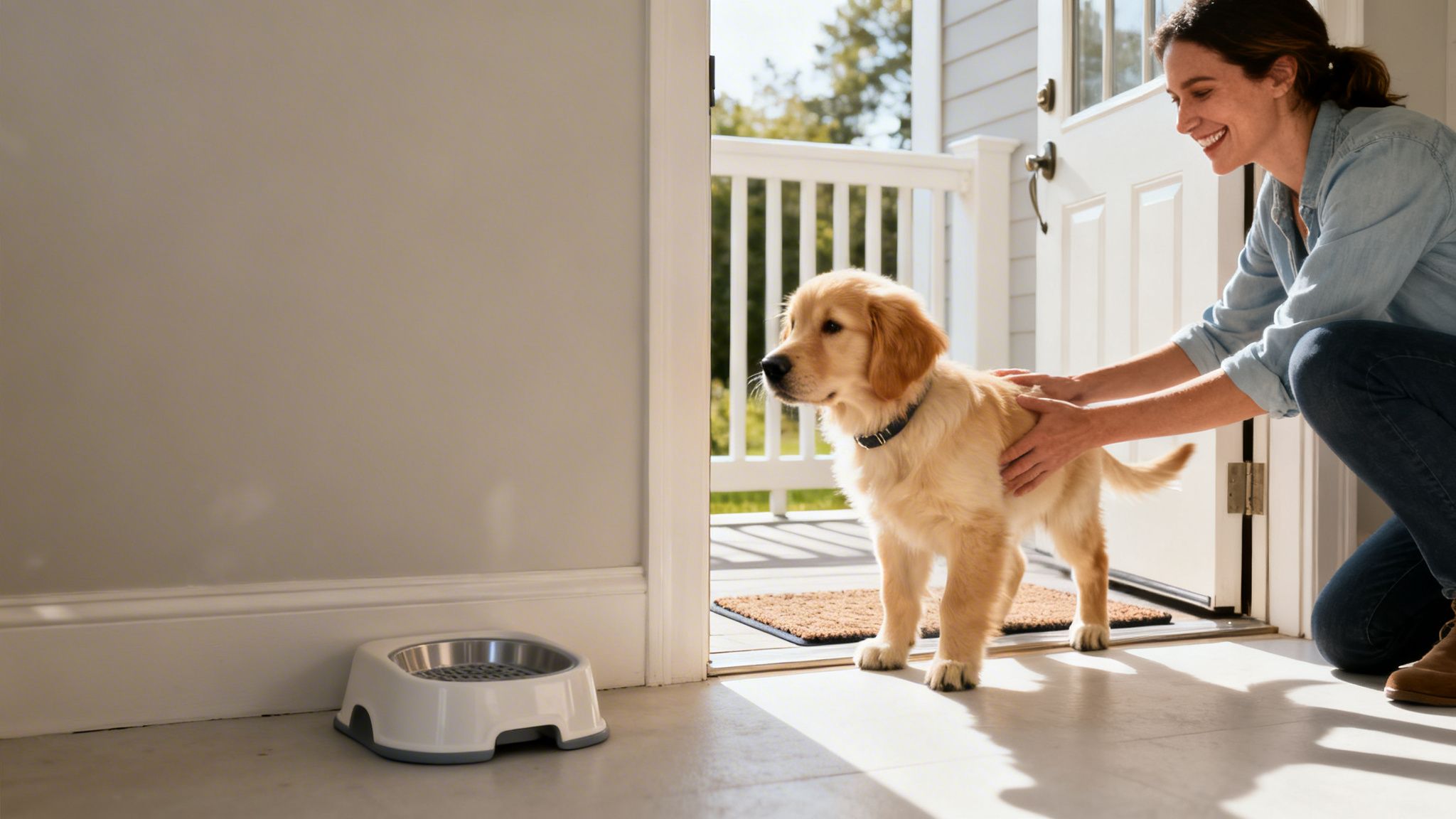 A smiling woman kneels, petting a golden retriever puppy inside a doorway, with a dog bowl nearby.