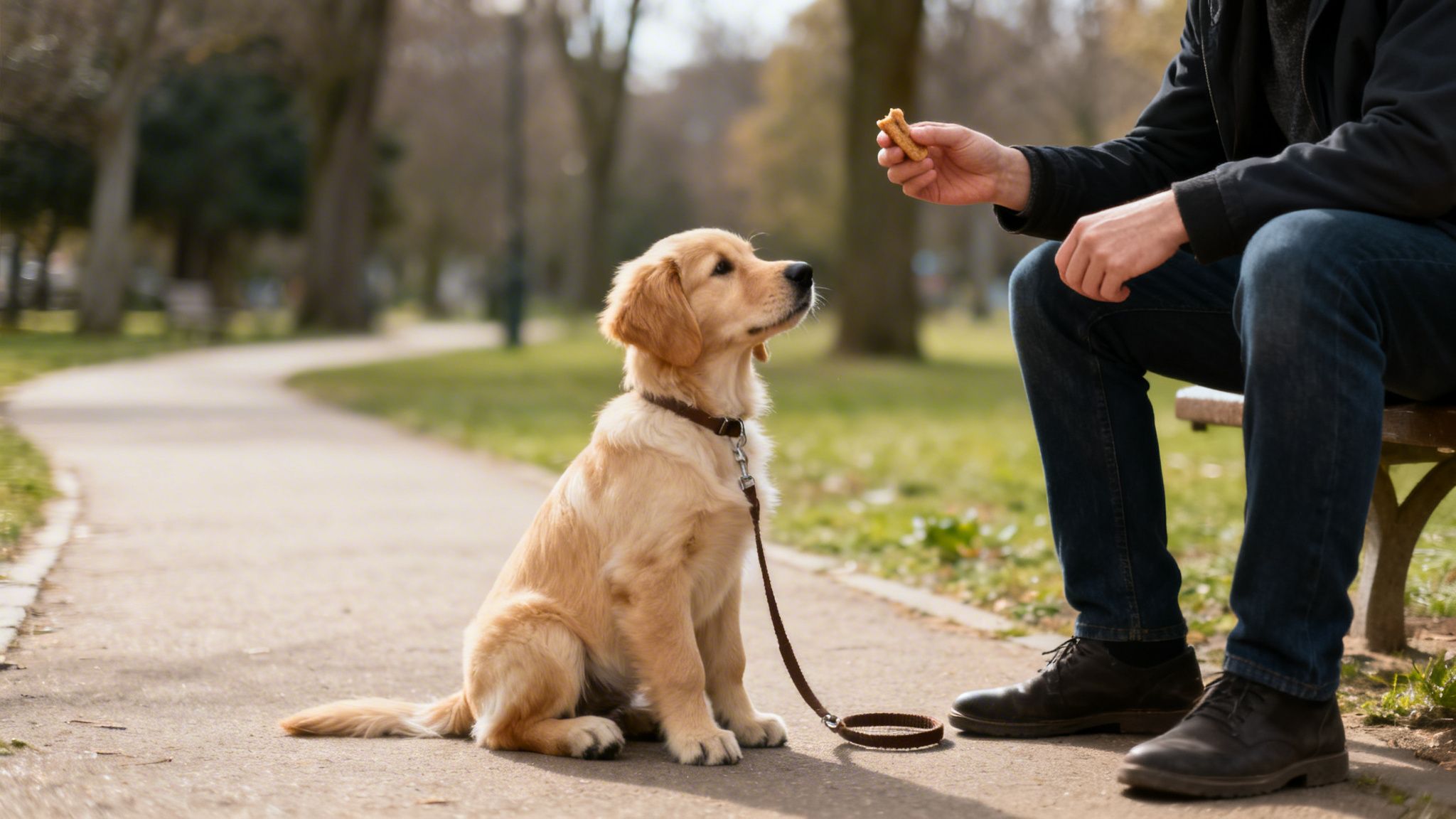 A golden retriever puppy sits patiently on a leash, looking up at a treat held by a person in a park.