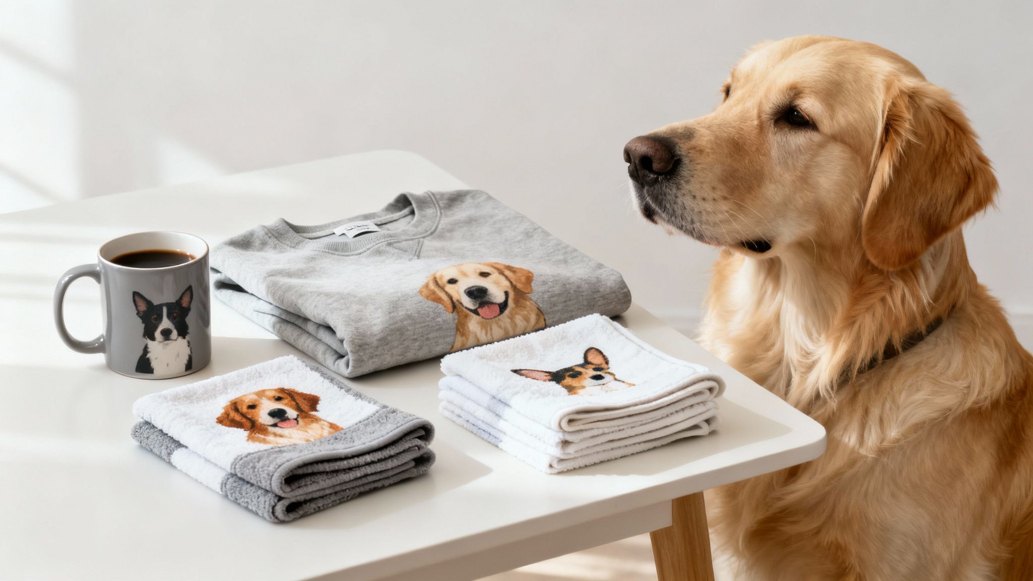 A Golden Retriever dog observes a table with pet-themed merchandise, including mugs, sweaters, and towels featuring dog illustrations.