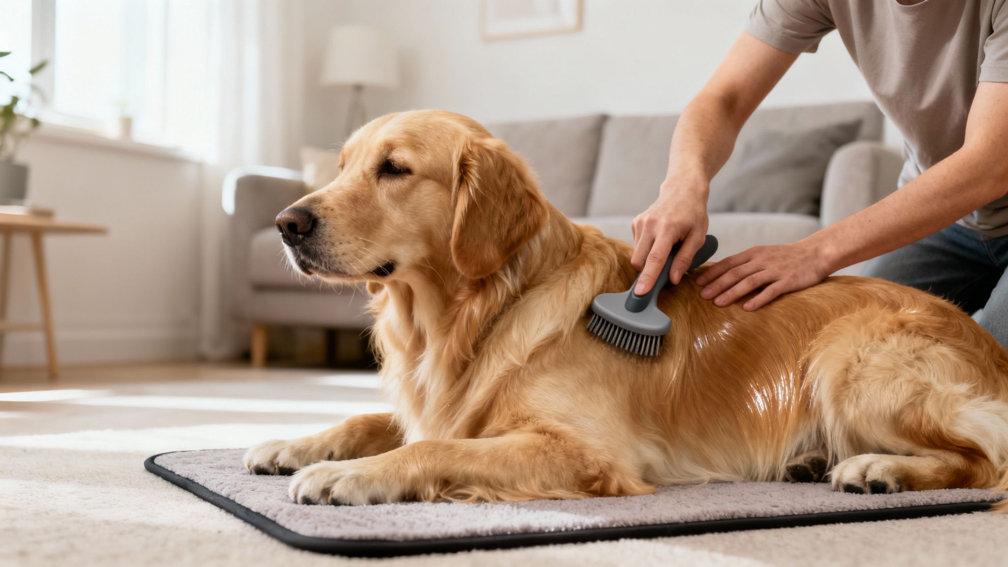A person grooms a golden retriever dog, brushing its fur while it lies on a mat.