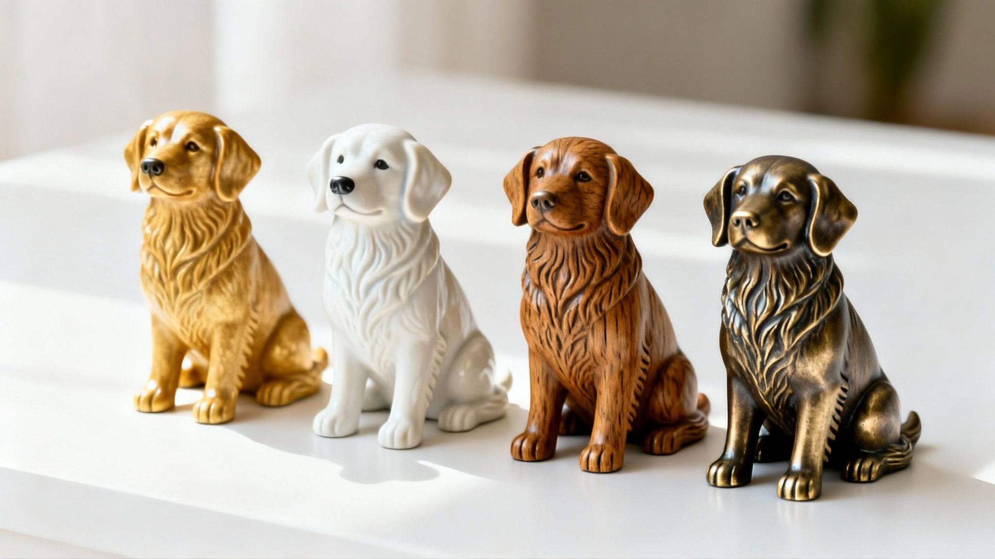 Four detailed Golden Retriever dog figurines in gold, white, brown, and bronze sitting on a white surface.