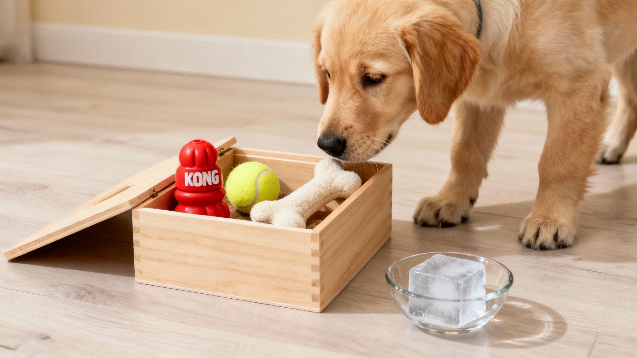 Curious golden retriever puppy sniffs a red KONG, tennis ball, and bone toy in a wooden box.
