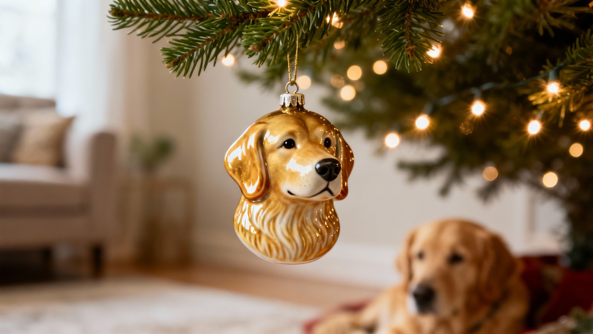 A detailed golden retriever dog ornament hangs on a festive Christmas tree adorned with warm lights.