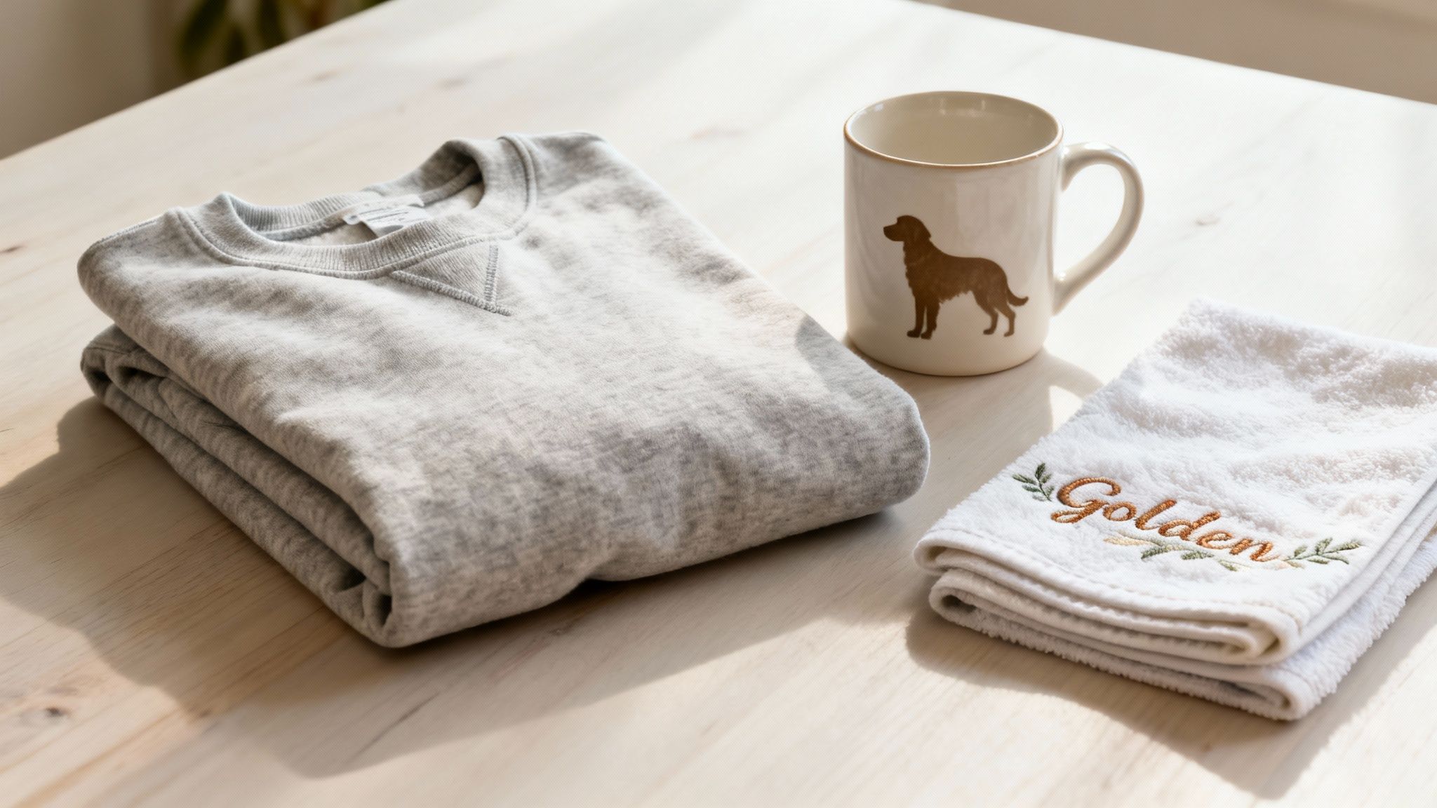 A folded grey sweatshirt, a dog-themed mug, and an embroidered 'Golden' towel on a wooden table.