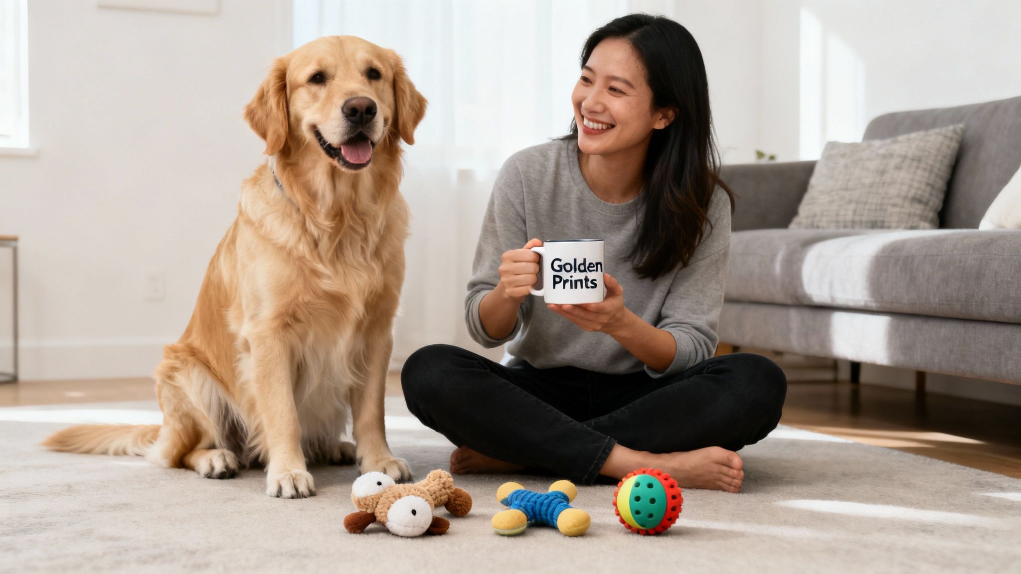 A smiling woman holds a "Golden Prints" mug next to a golden retriever dog and toys.