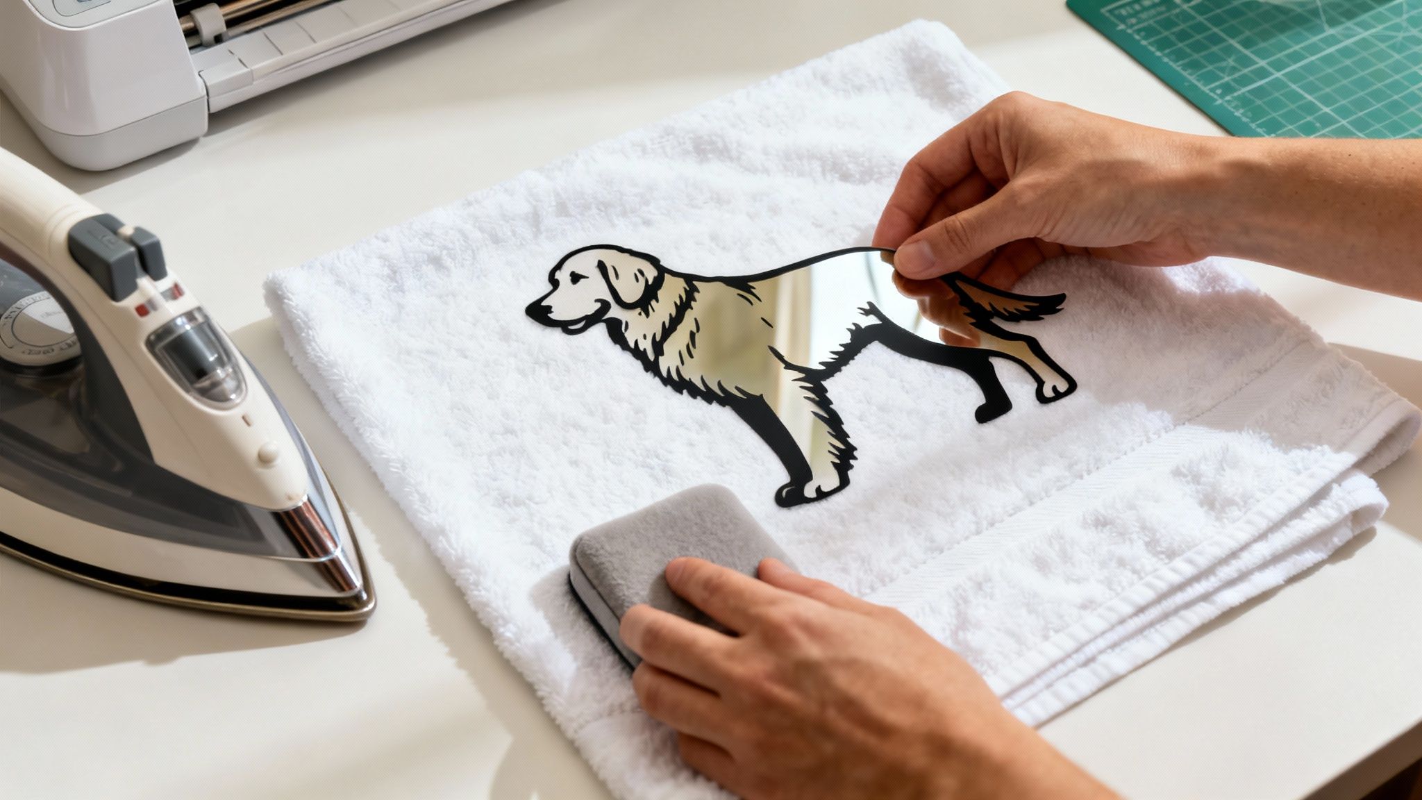 Close-up of hands applying a golden retriever dog design onto a white towel.