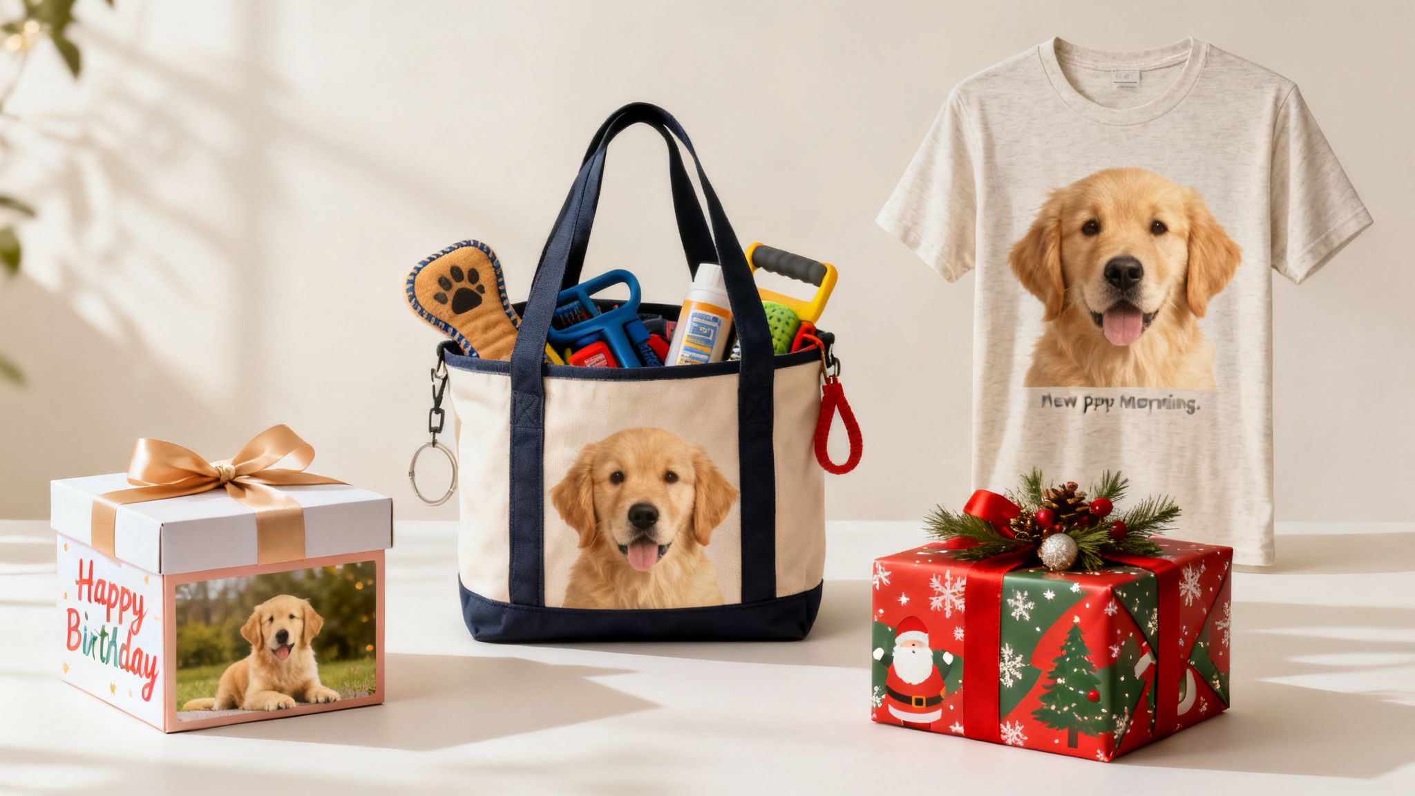A collection of golden retriever themed gifts including a birthday box, tote bag, t-shirt, and Christmas present.