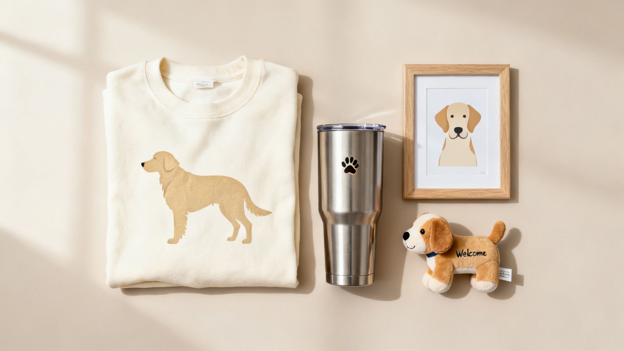 A cozy flat lay of golden retriever themed gifts, including a sweatshirt, tumbler, framed art, and plush toy.