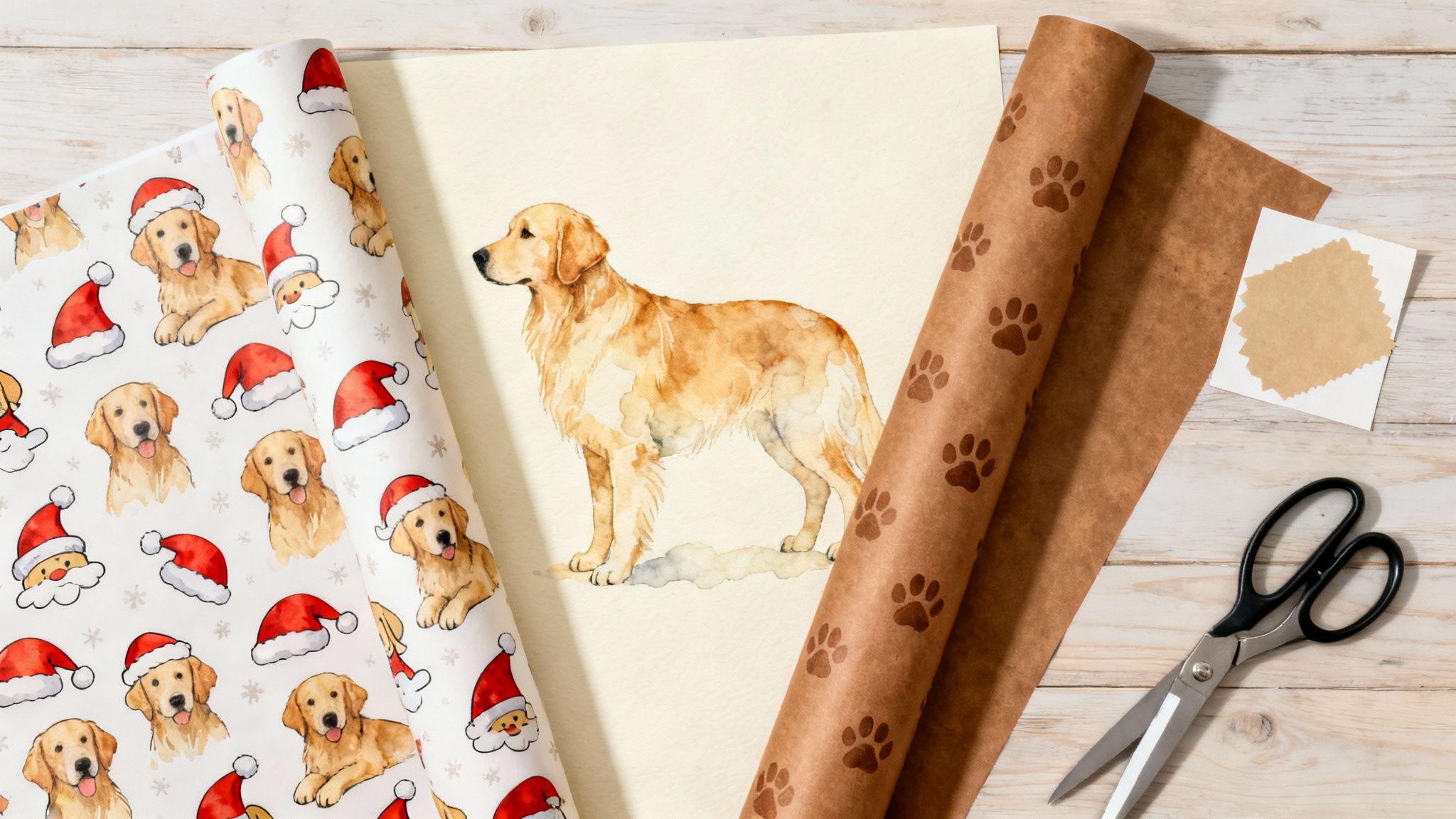 Christmas wrapping paper featuring golden retrievers, paw prints, a dog illustration, and scissors on a wooden table.
