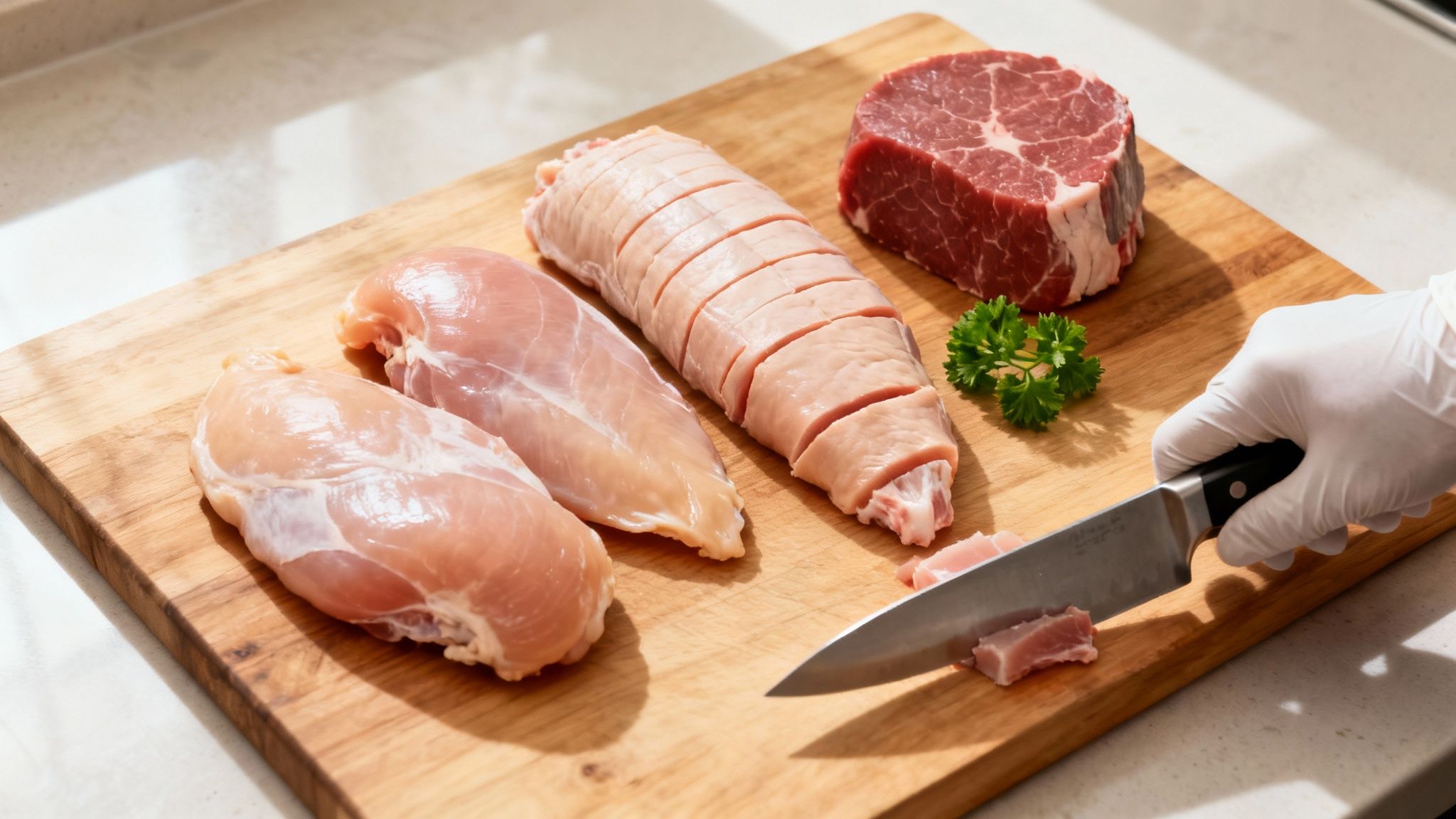 A hand wearing a glove cuts raw meat on a wooden board with various raw poultry and beef.