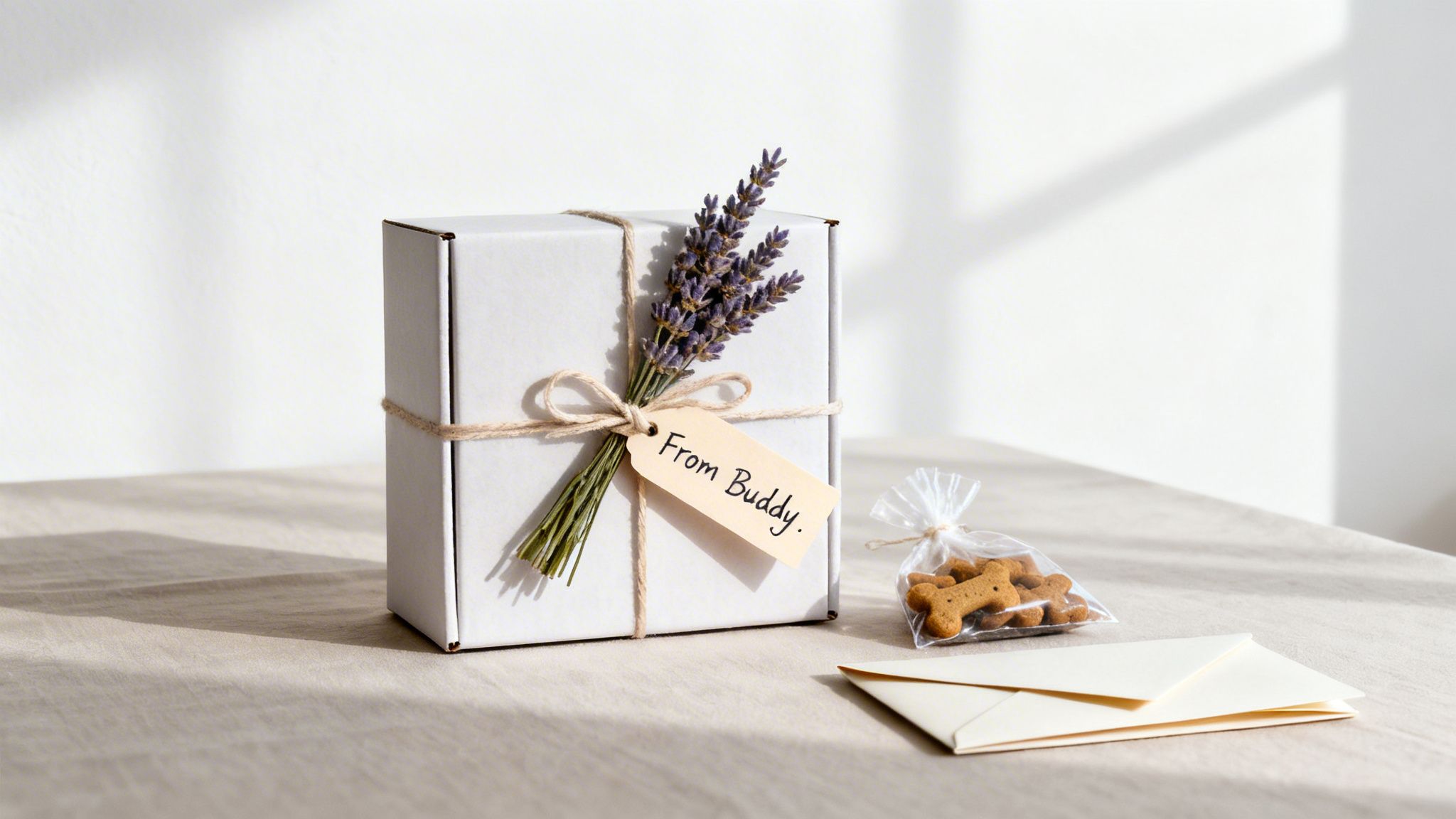 A thoughtful gift box with lavender and 'From Buddy' tag, alongside dog treats and an envelope.