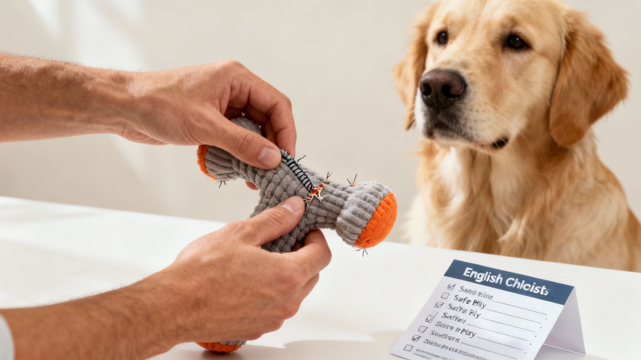 Hands hold a damaged grey and orange dog toy, with a golden retriever dog watching intently.