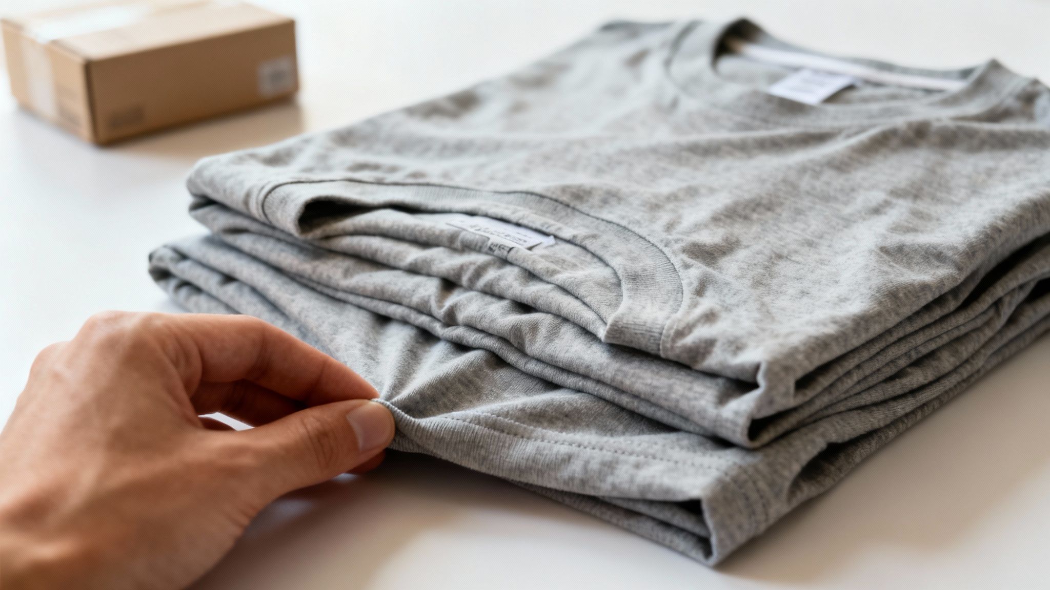 A hand gently pulls on a soft grey t-shirt from a stack, with a blurred cardboard box in the background.