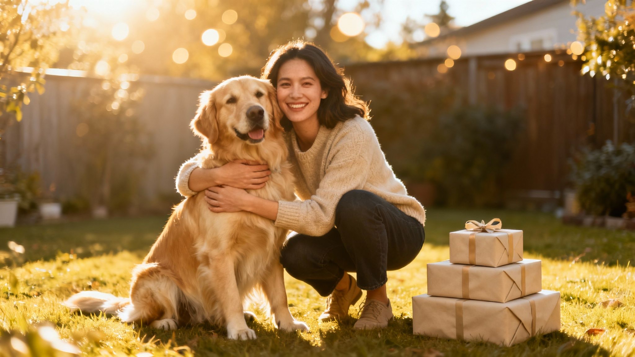 A smiling woman hugs her golden retriever in a sunny backyard with wrapped gifts nearby.