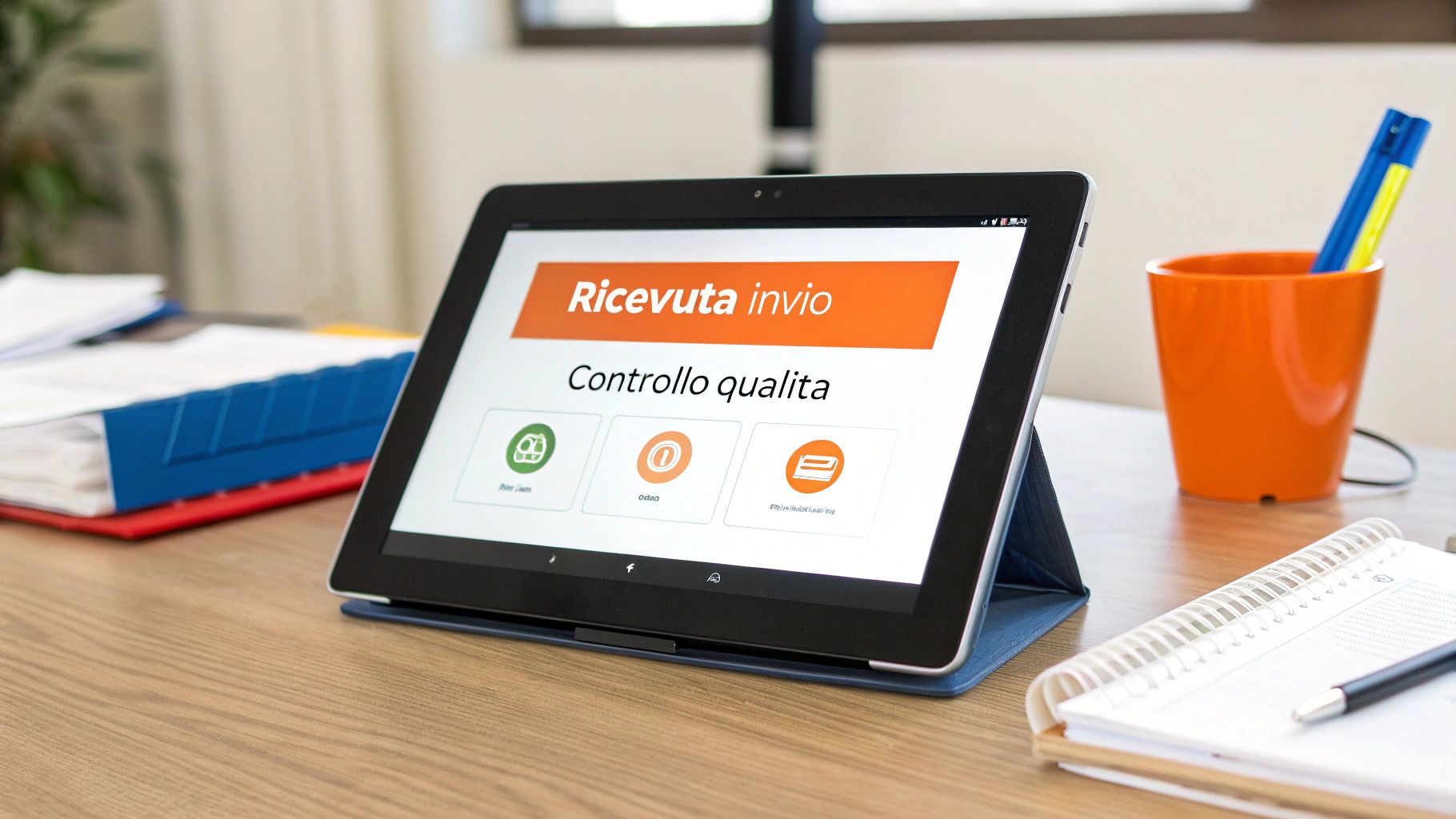 Tablet su una scrivania in legno mostra una schermata di controllo qualità con icone. Vicino ci sono raccoglitori, portapenne e un quaderno.