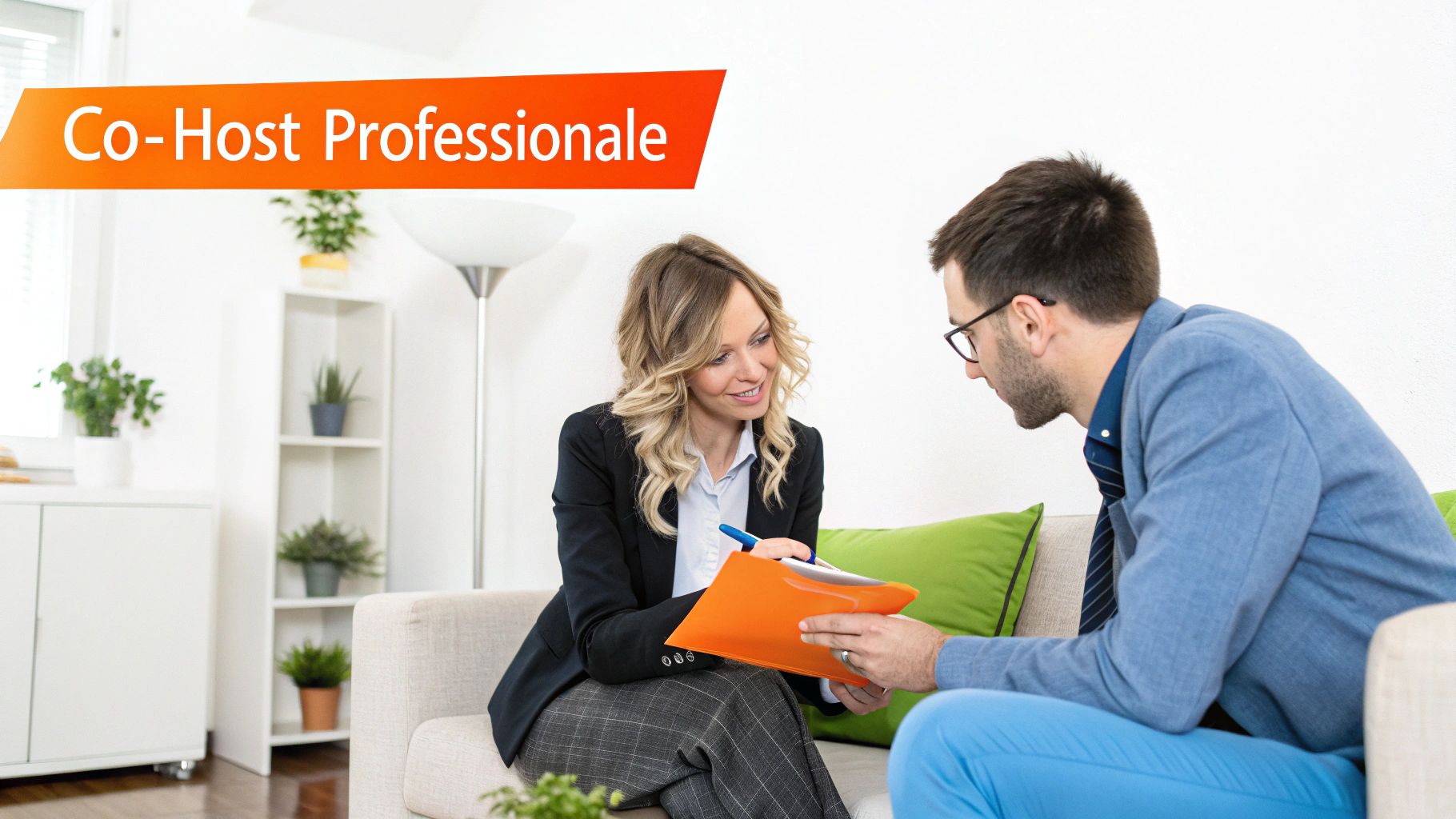 Uomo e donna si consultano su documenti seduti su un divano. La donna tiene una cartella arancione. Testo: Co-Host Professionale.